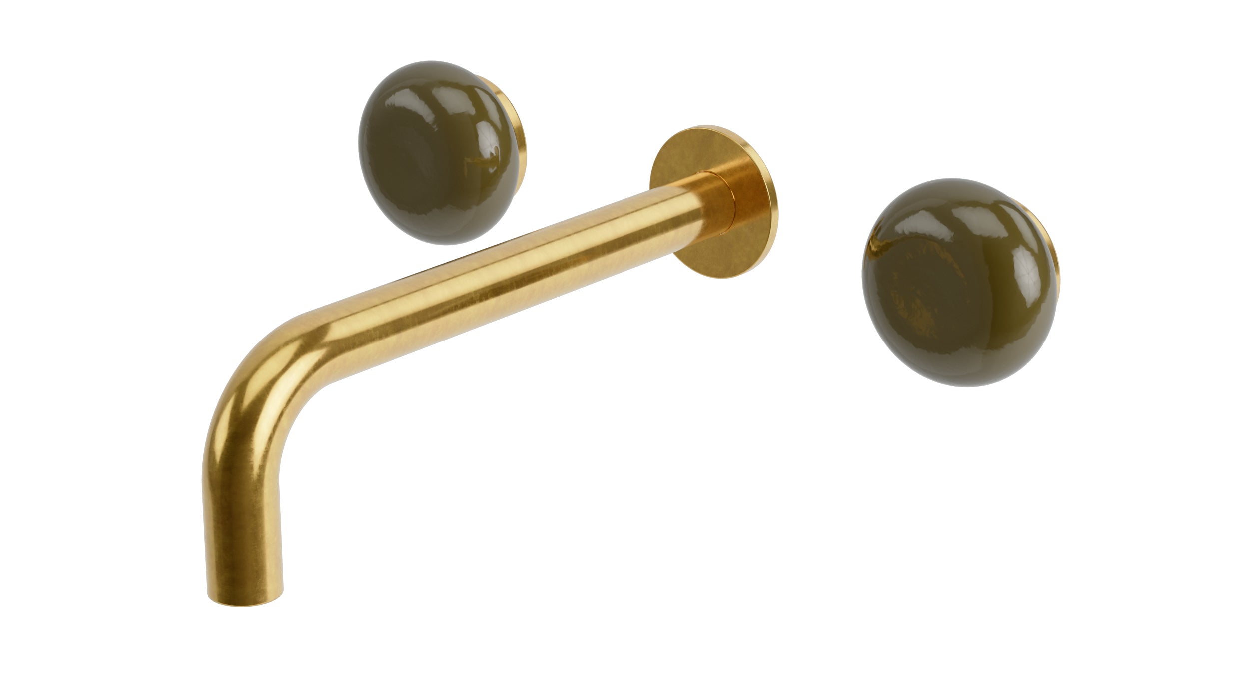 Foundry Two Handle Wall Mount 7.5" Lavatory Faucet with Pebble Ceramic Knob Handles in French Brass