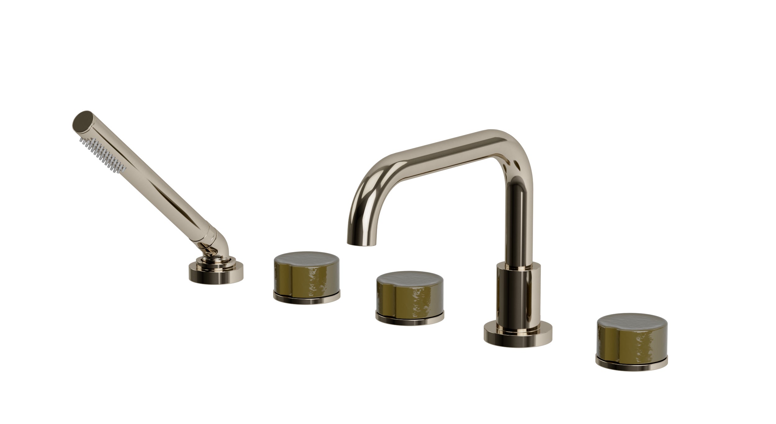 Foundry Three Handle Deck Mount Squaretop Bath Trim with Hand Shower and Groove Ceramic Knob Handles in Polished Nickel