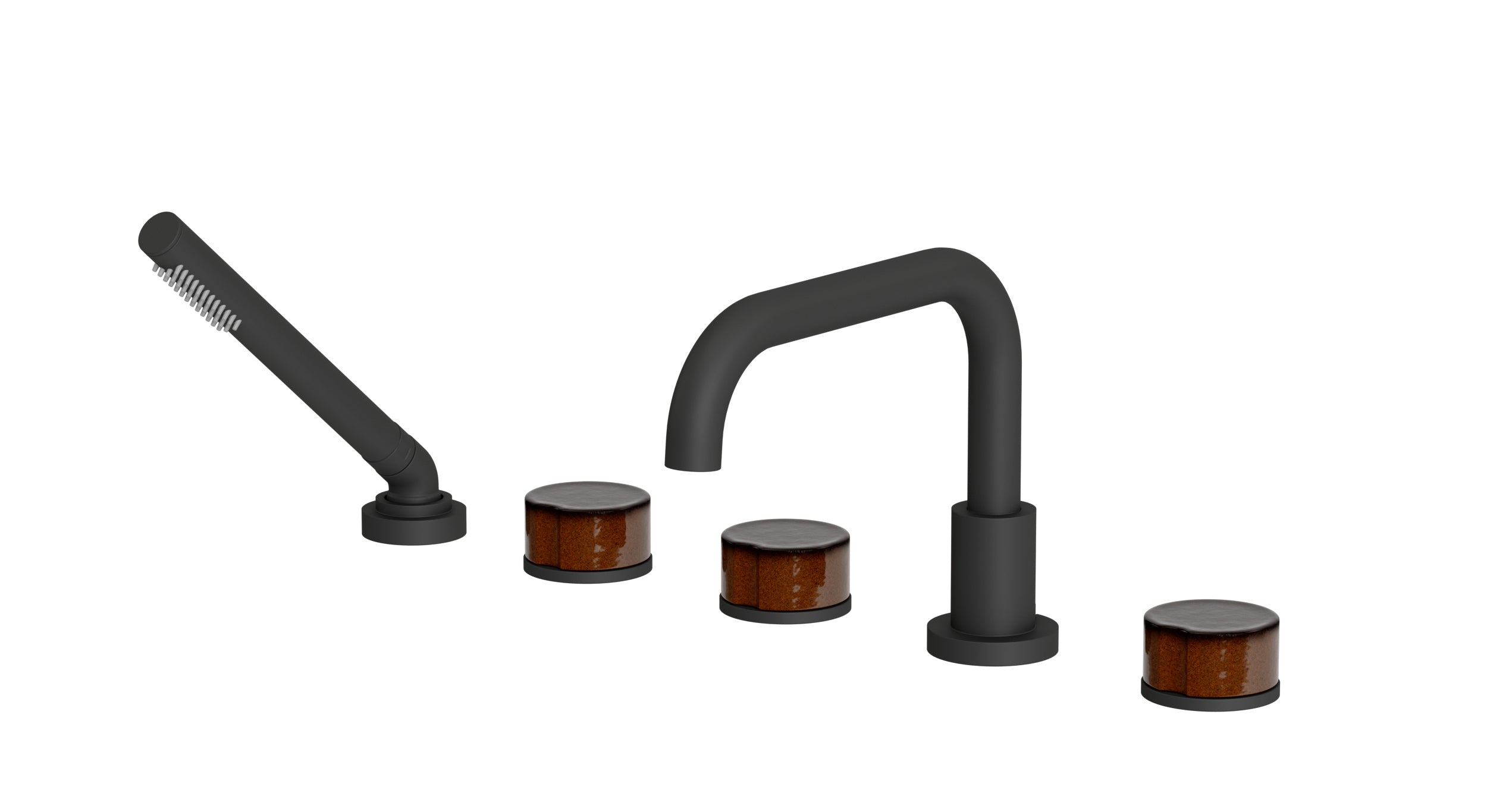 Foundry Three Handle Deck Mount Squaretop Bath Trim with Hand Shower and Groove Ceramic Knob Handles in Matte Black