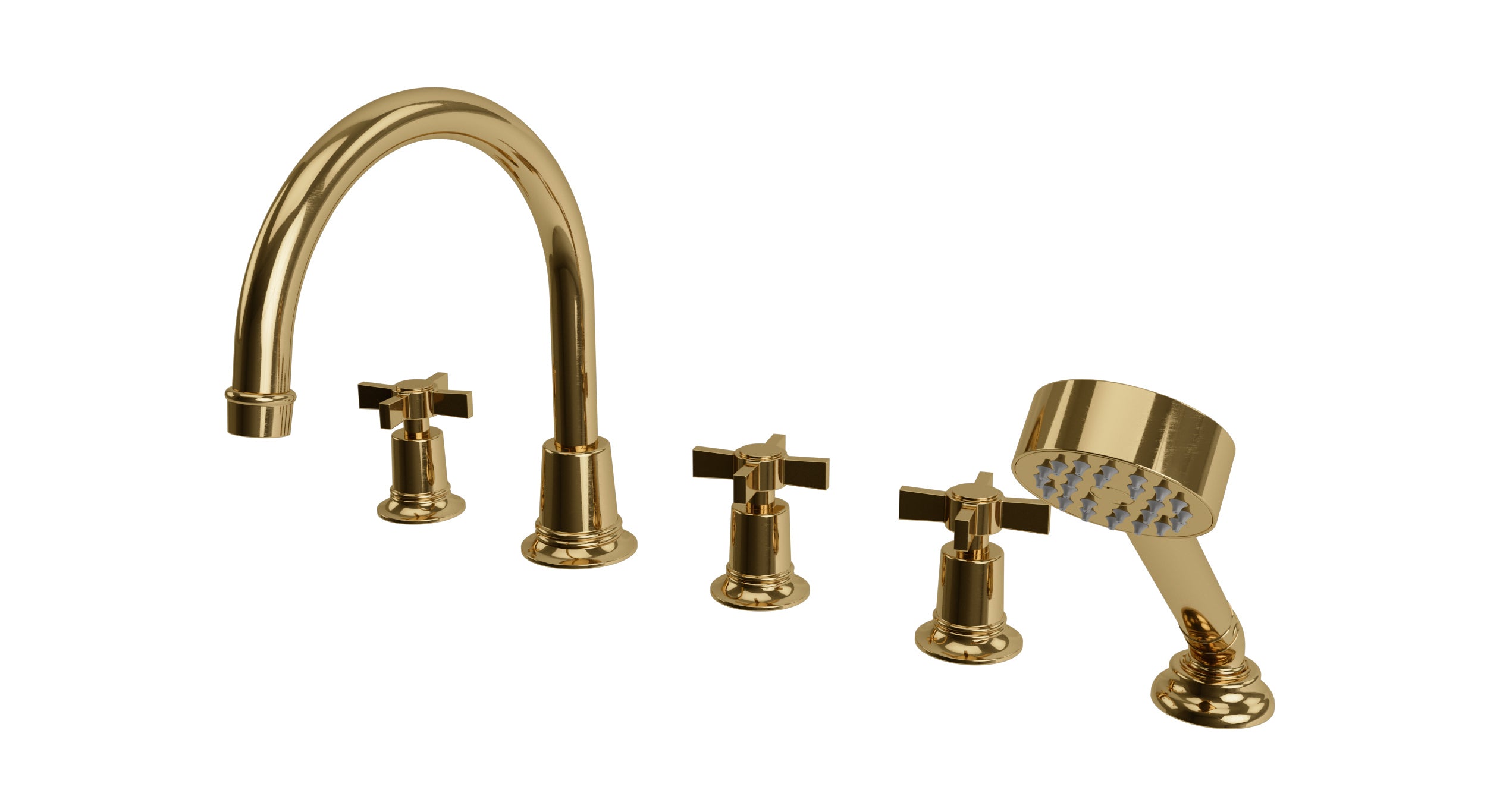 Emerson Three Handle Deck Mount Gooseneck Bath Trim with Hand Shower and Defined Cross Handles in Uncoated Polished Brass