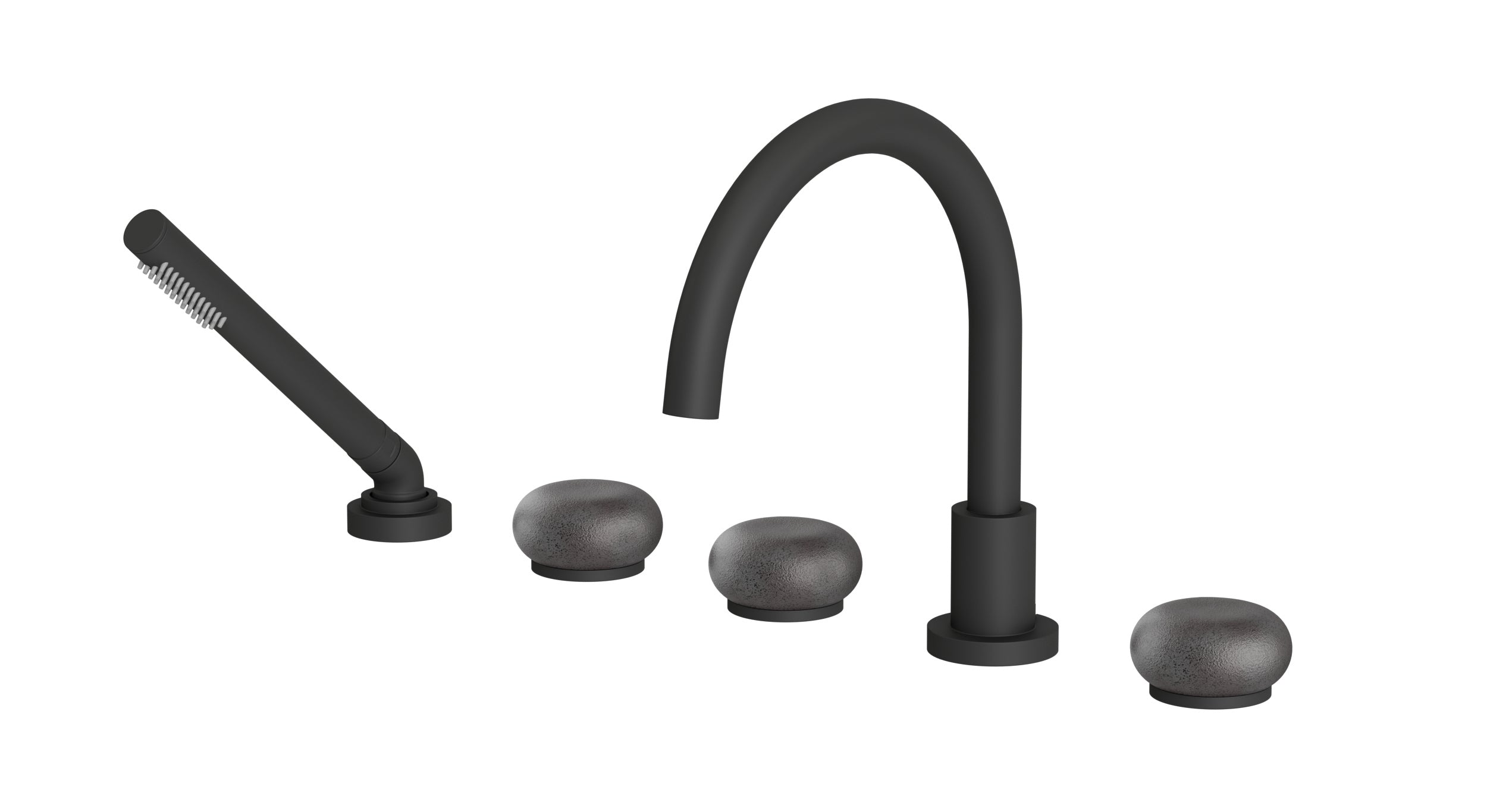 Foundry Three Handle Deck Mount Gooseneck Bath Trim with Hand Shower and Pebble Ceramic Knob Handles in Matte Black