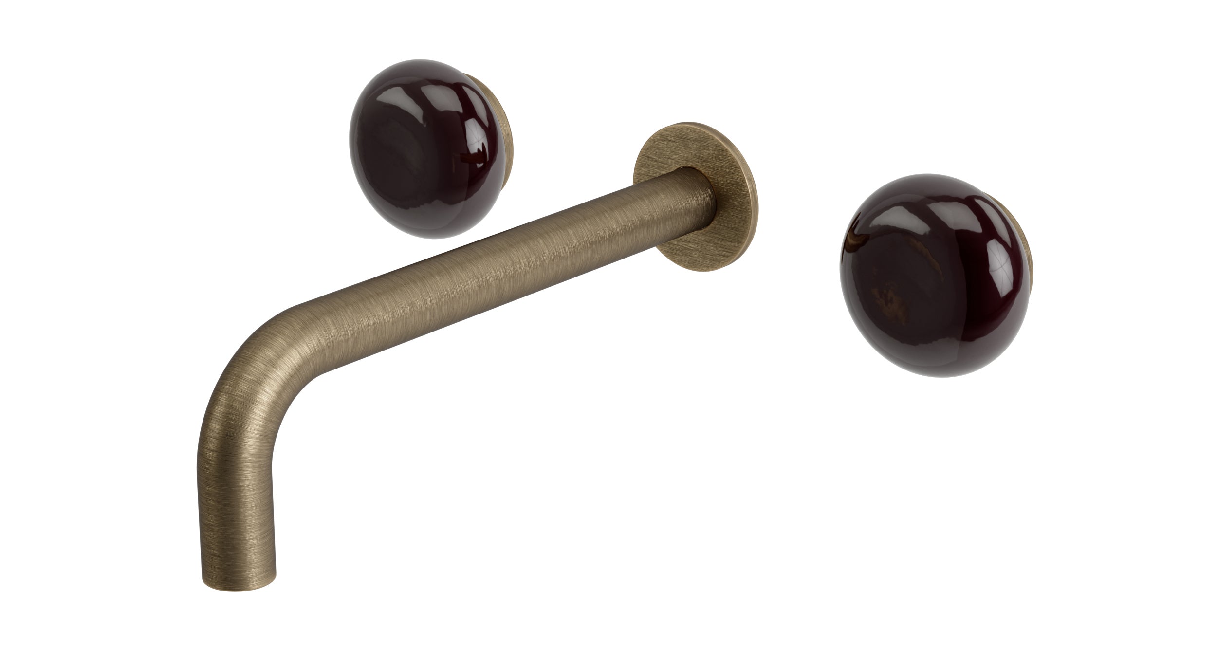 Foundry Two Handle Wall Mount 7.5" Lavatory Faucet with Pebble Ceramic Knob Handles in Antique Brass