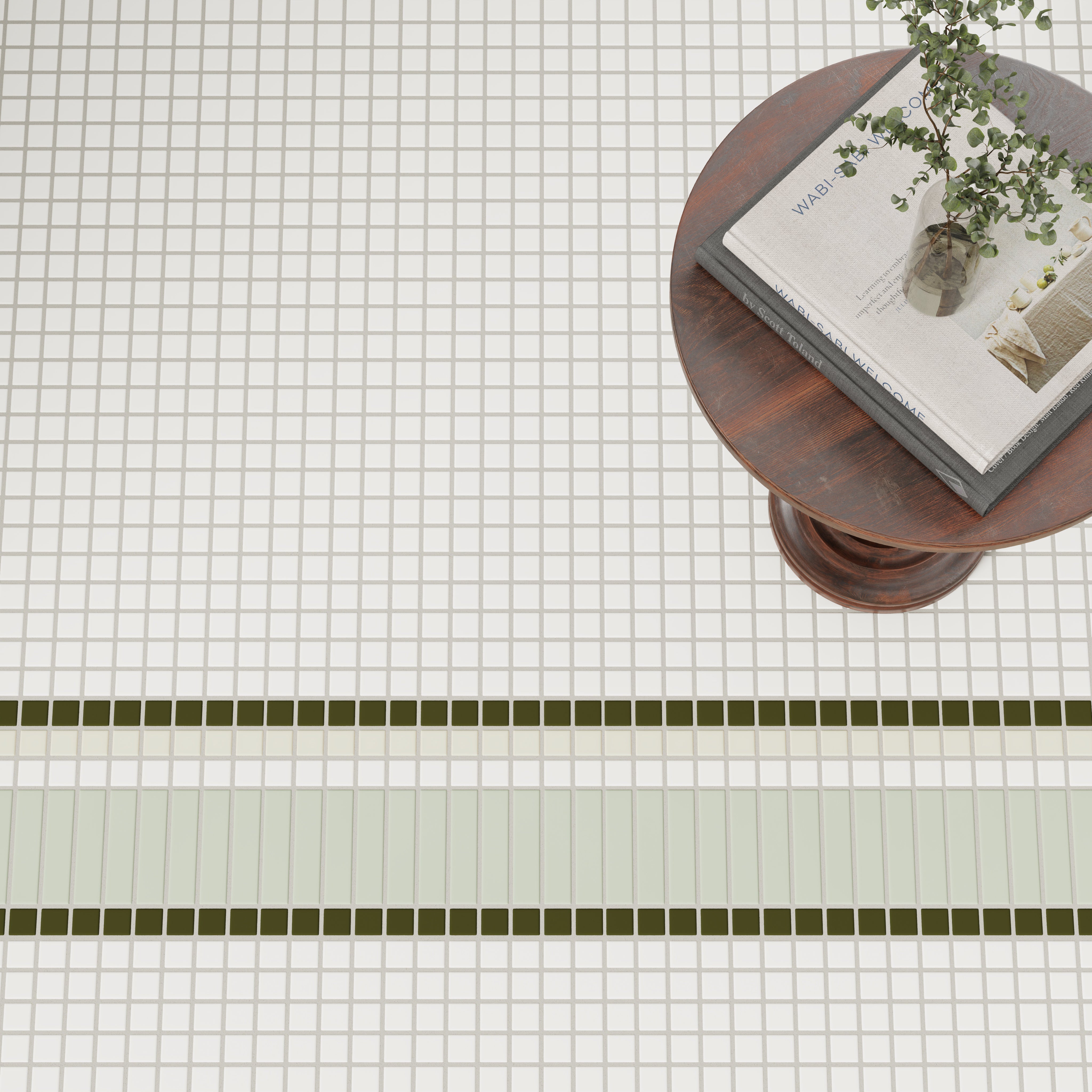 1x1, 1x4 Channel Stripe Border Sheeted Original Ceramic Tile in Celadon Matte