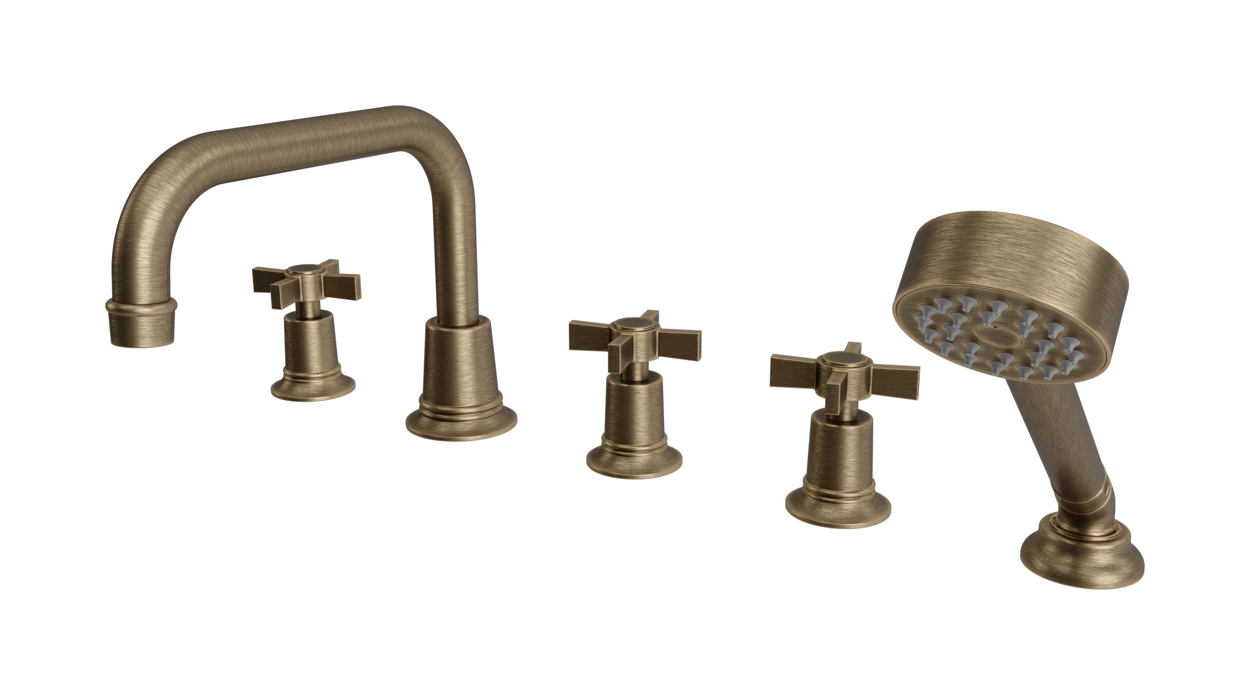 Emerson Three Handle Deck Mount Squaretop Bath Trim with Hand Shower and Defined Cross Handles in Antique Brass