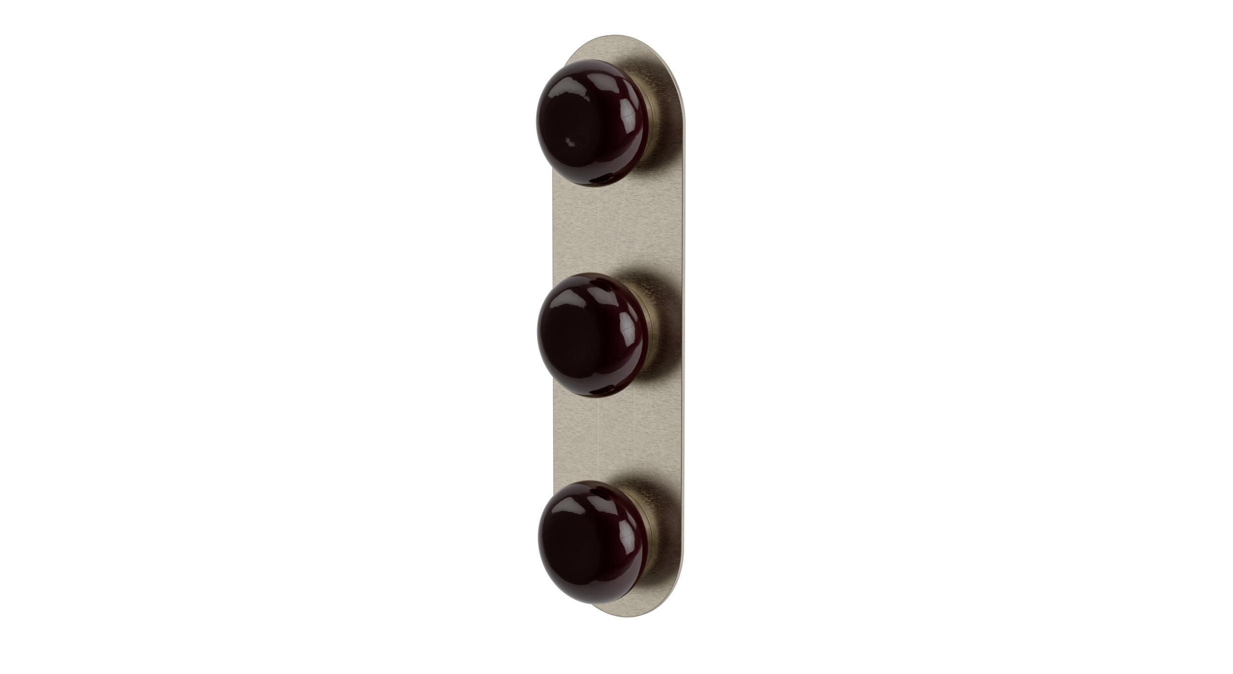 Foundry Three Handle Wall Mount Shower Trim with Pebble Ceramic Knob Handles in Satin Nickel