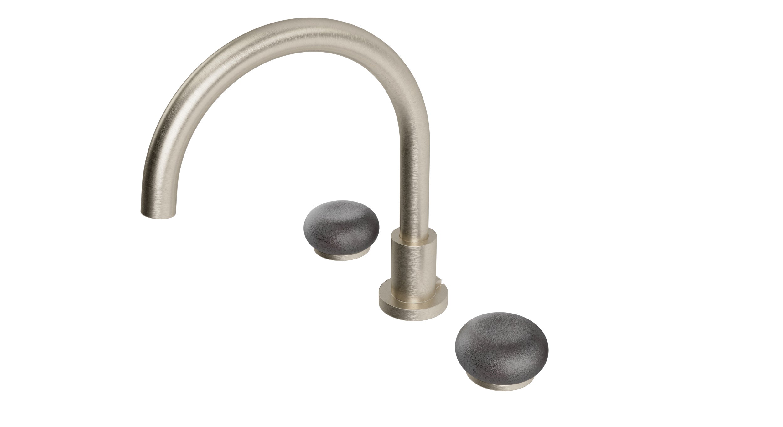 Foundry Two Handle Deck Mount Gooseneck Bath Trim with Pebble Ceramic Knob Handles in Satin Nickel