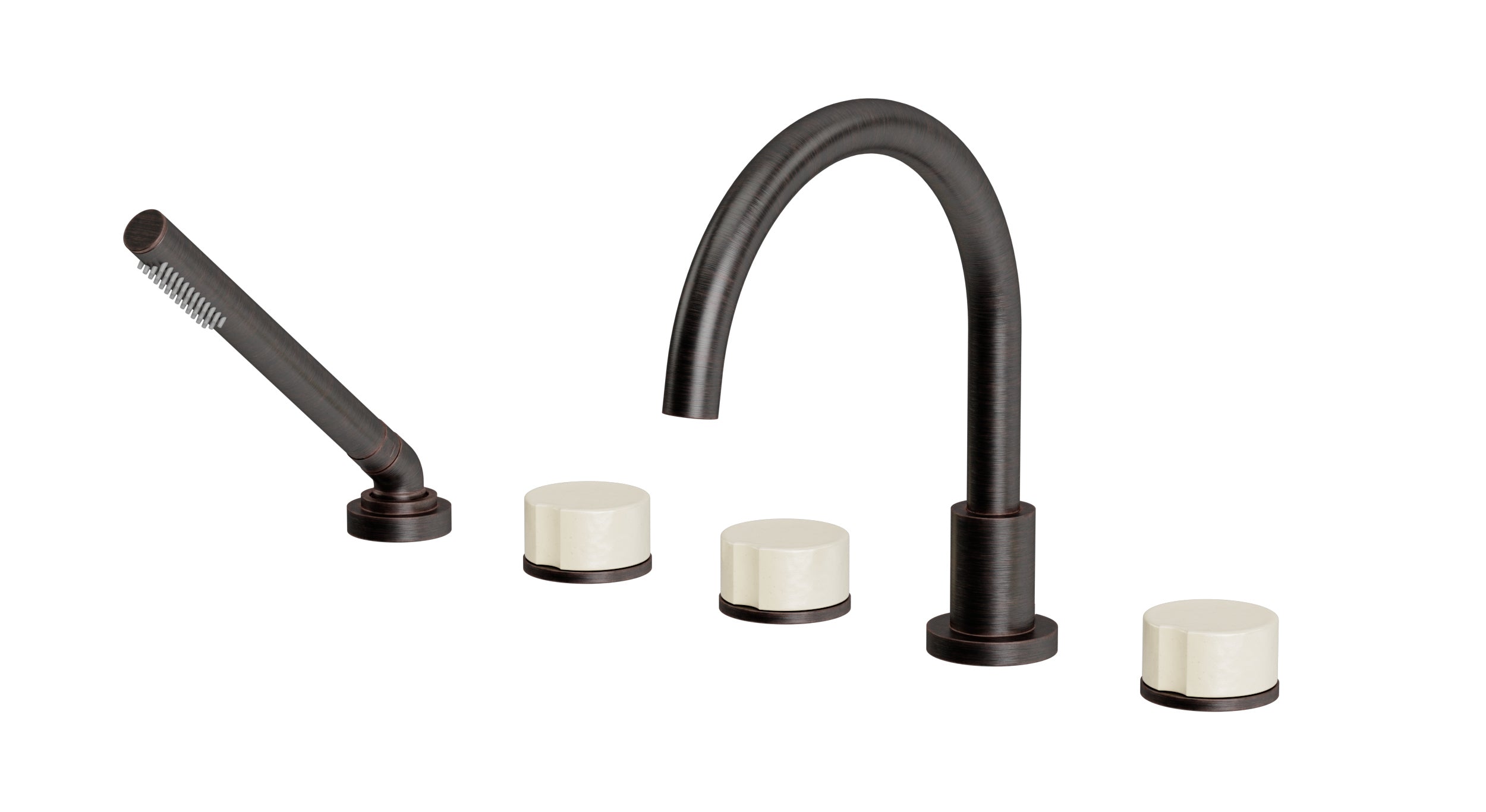 Foundry Three Handle Deck Mount Gooseneck Bath Trim with Hand Shower and Groove Ceramic Knob Handles in Antique Bronze