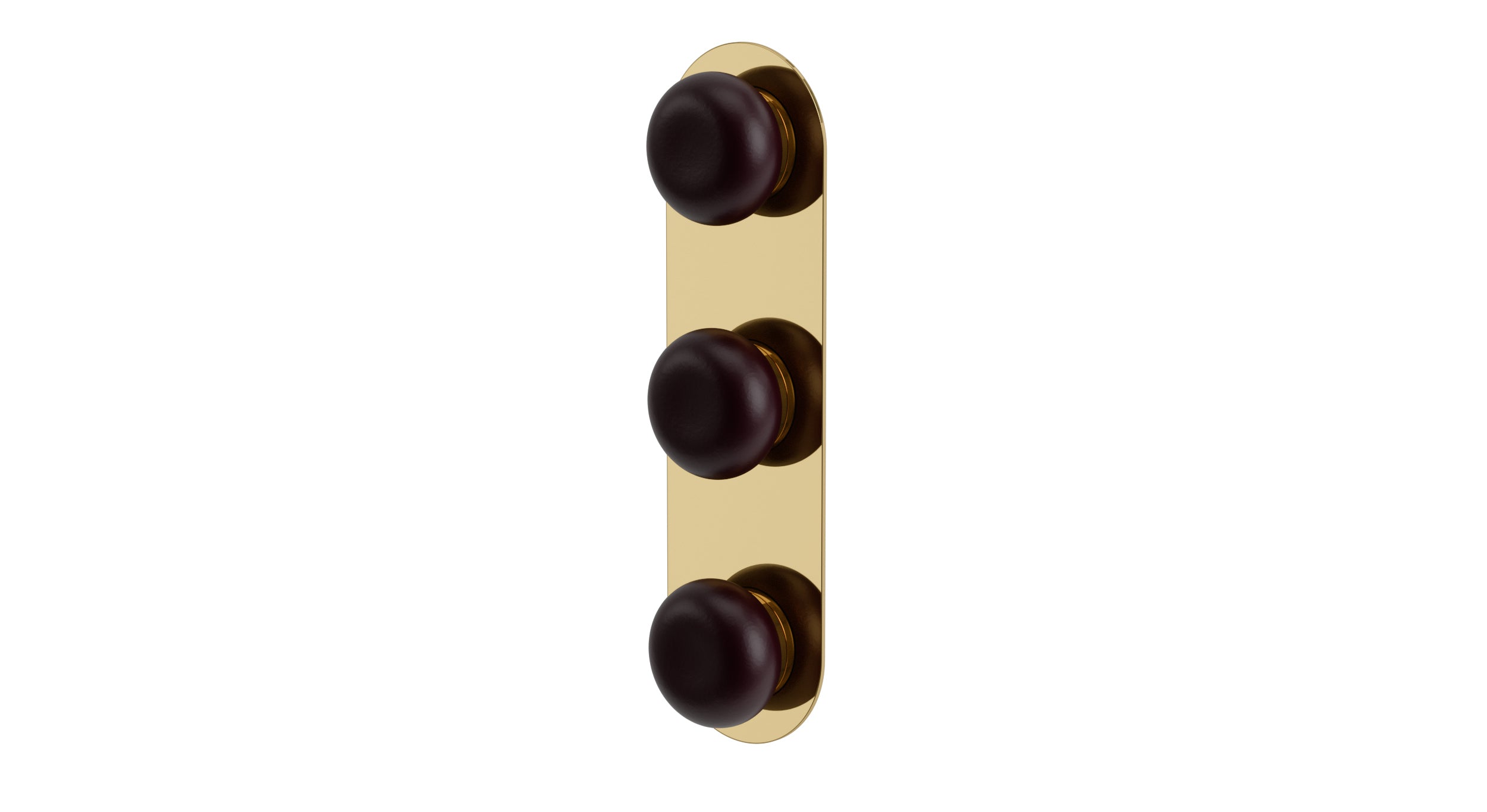Foundry Three Handle Wall Mount Shower Trim with Pebble Ceramic Knob Handles in Polished Brass