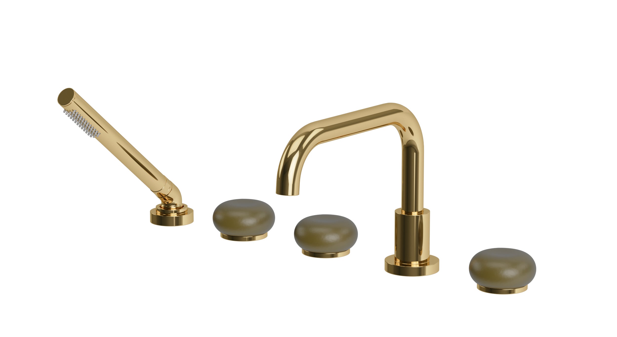 Foundry Three Handle Deck Mount Squaretop Bath Trim with Hand Shower and Pebble Ceramic Knob Handles in Polished Brass