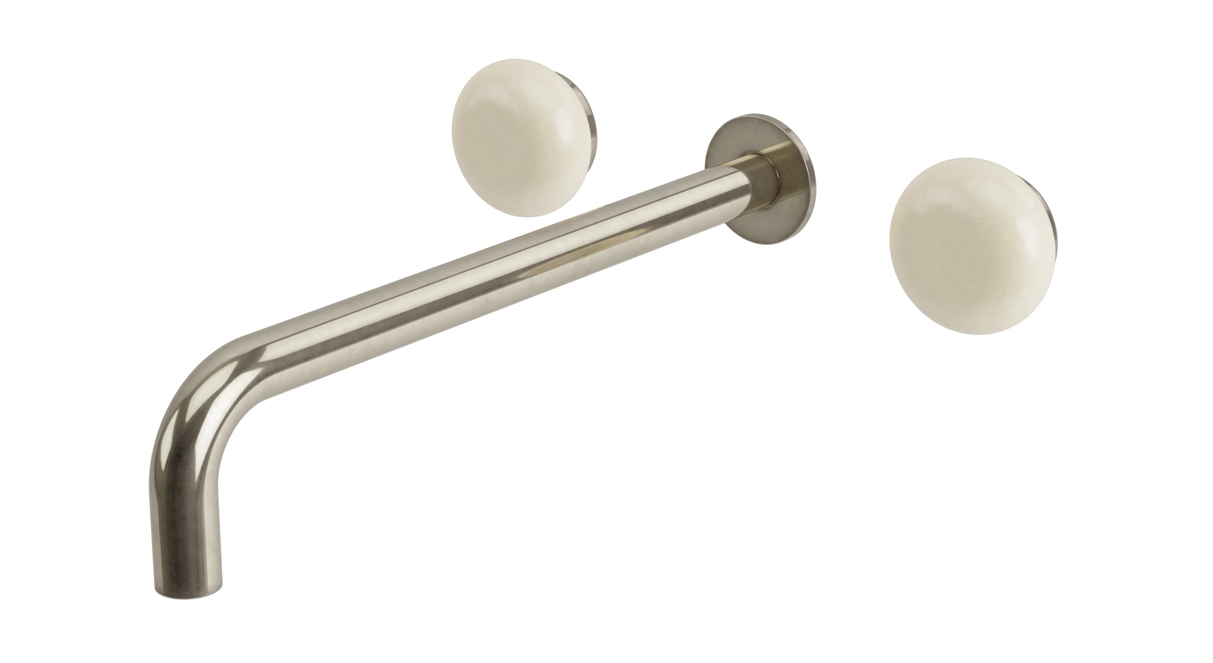Foundry Two Handle Wall Mount 12" Lavatory Faucet with Pebble Ceramic Knob Handles in French Nickel