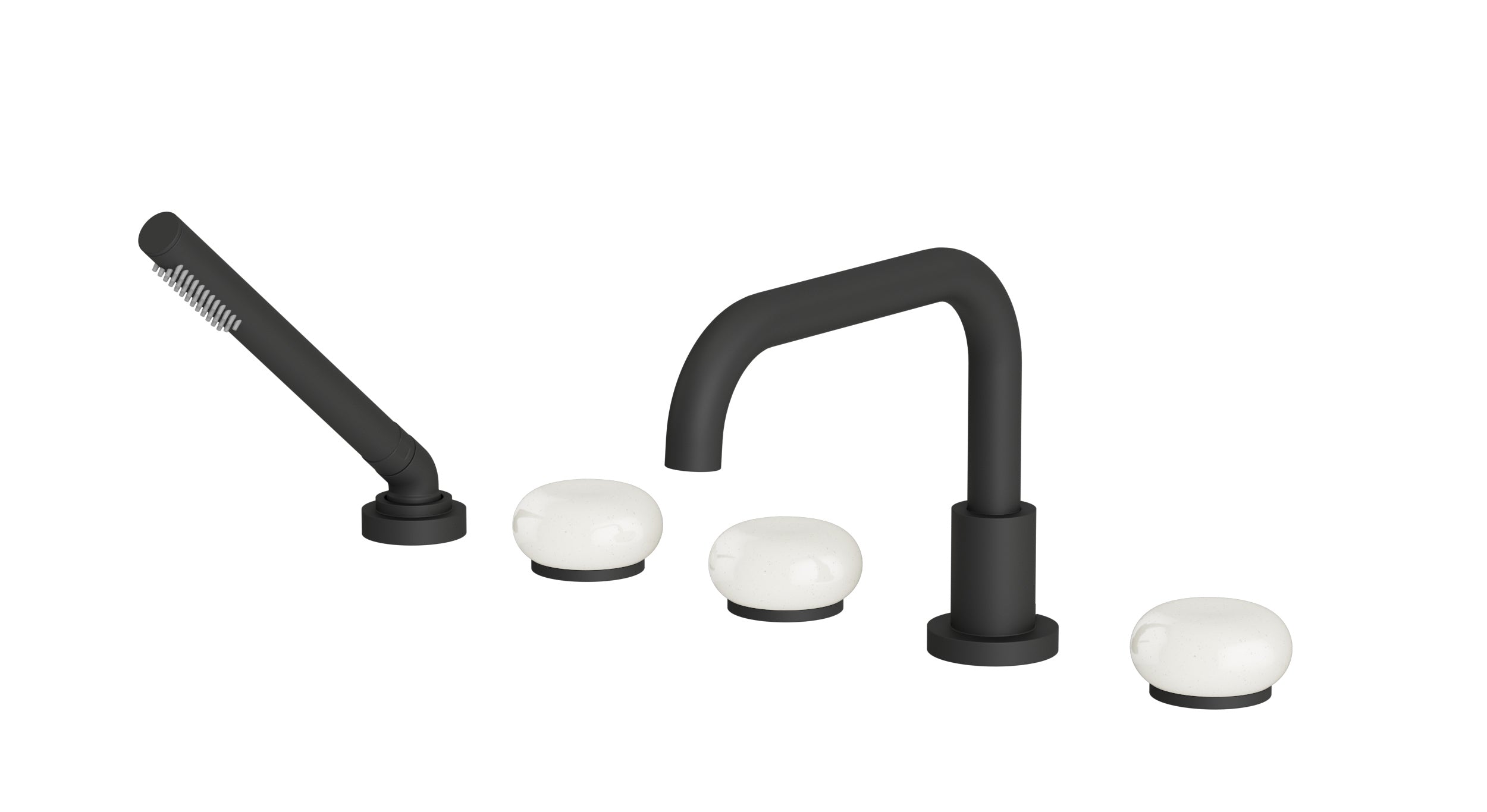 Foundry Three Handle Deck Mount Squaretop Bath Trim with Hand Shower and Pebble Ceramic Knob Handles in Matte Black