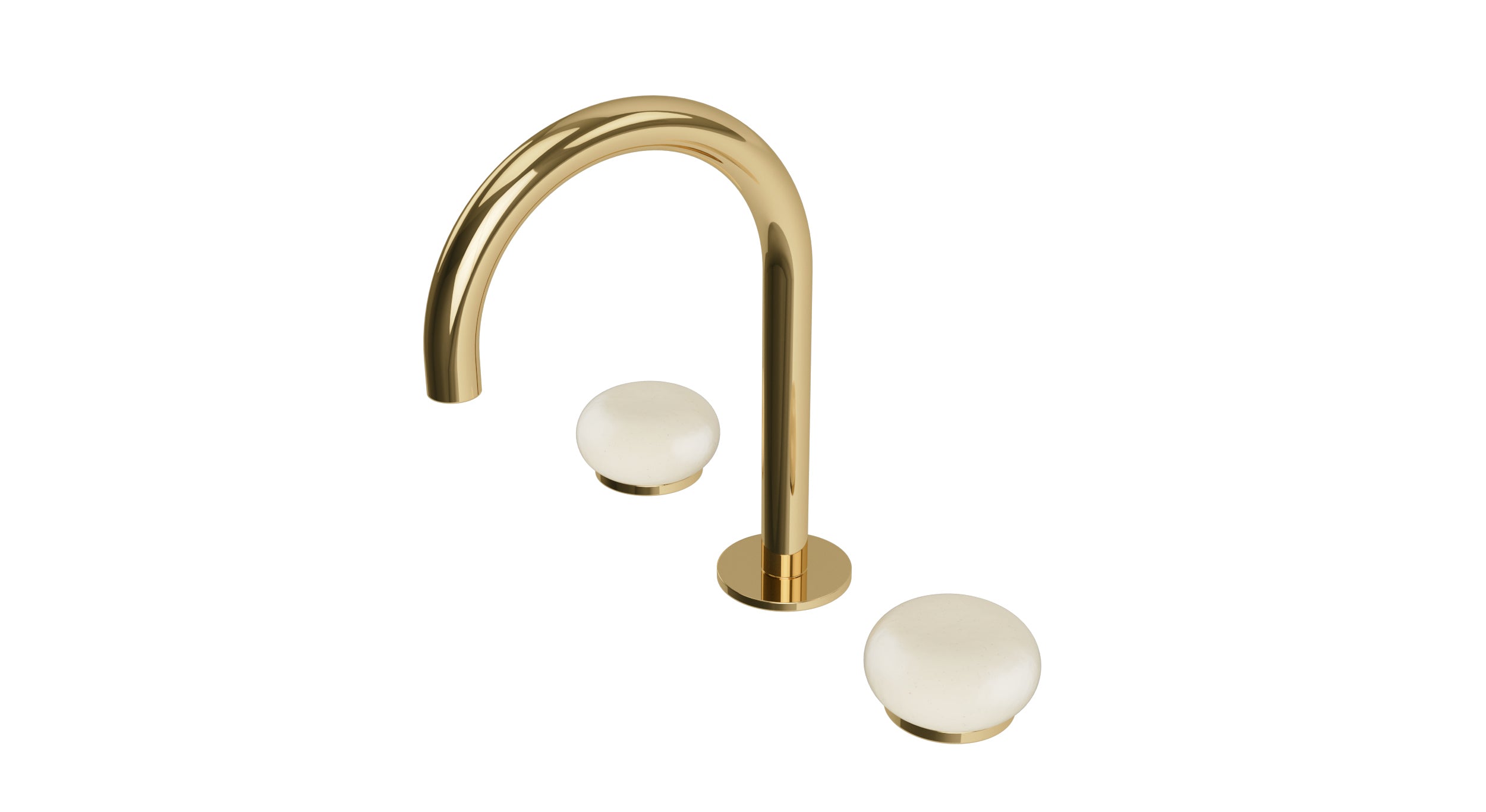 Foundry Two Handle Deck Mount Gooseneck Lavatory Faucet with Pebble Ceramic Knob Handles in Polished Brass
