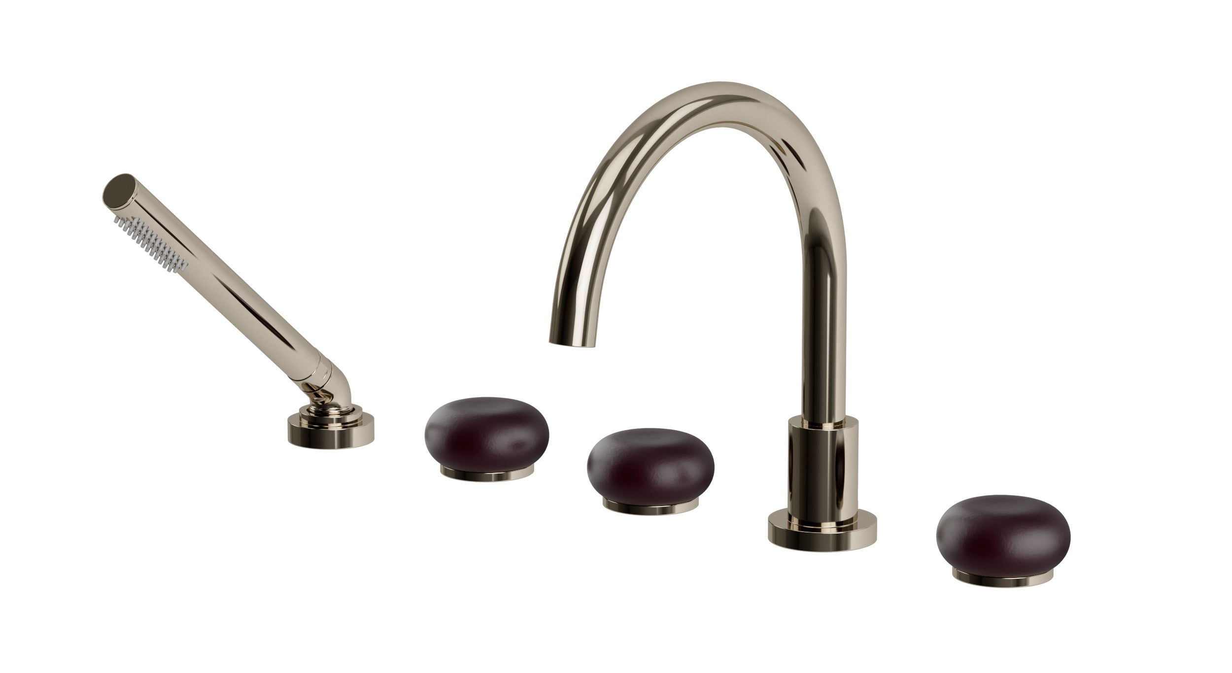 Foundry Three Handle Deck Mount Gooseneck Bath Trim with Hand Shower and Pebble Ceramic Knob Handles in Polished Nickel