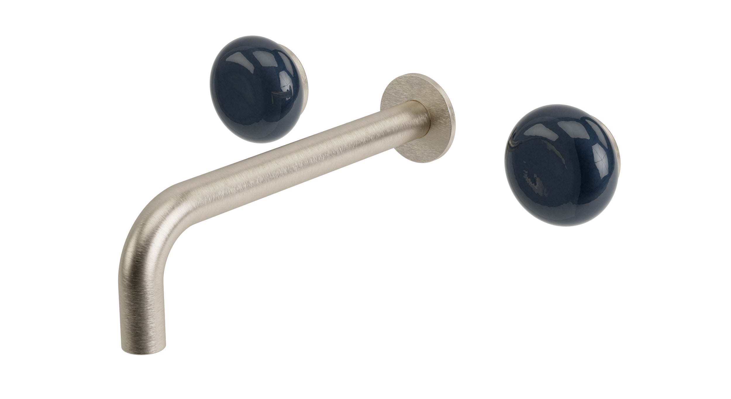 Foundry Two Handle Wall Mount 7.5" Lavatory Faucet with Pebble Ceramic Knob Handles in Satin Nickel