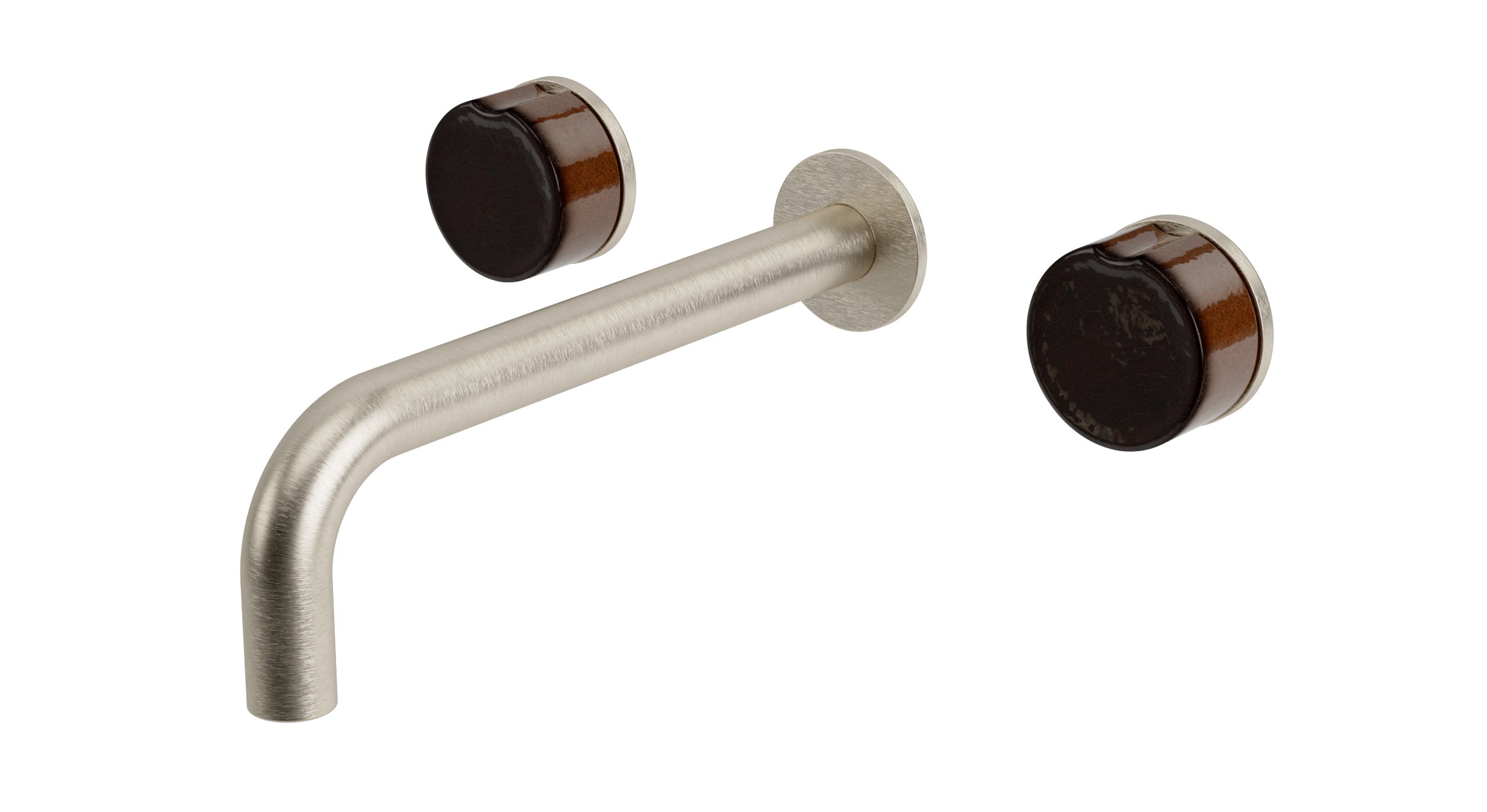 Foundry Two Handle Wall Mount 7.5" Lavatory Faucet with Groove Ceramic Knob Handles in Satin Nickel
