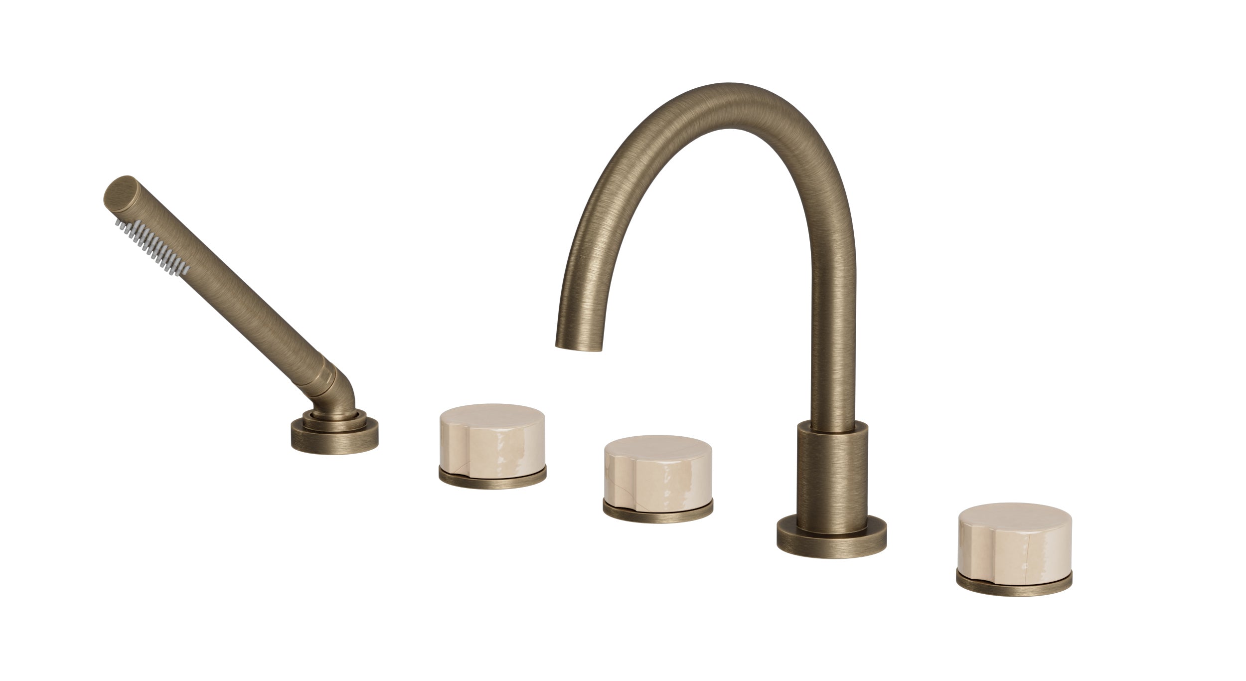 Foundry Three Handle Deck Mount Gooseneck Bath Trim with Hand Shower and Groove Ceramic Knob Handles in Antique Brass
