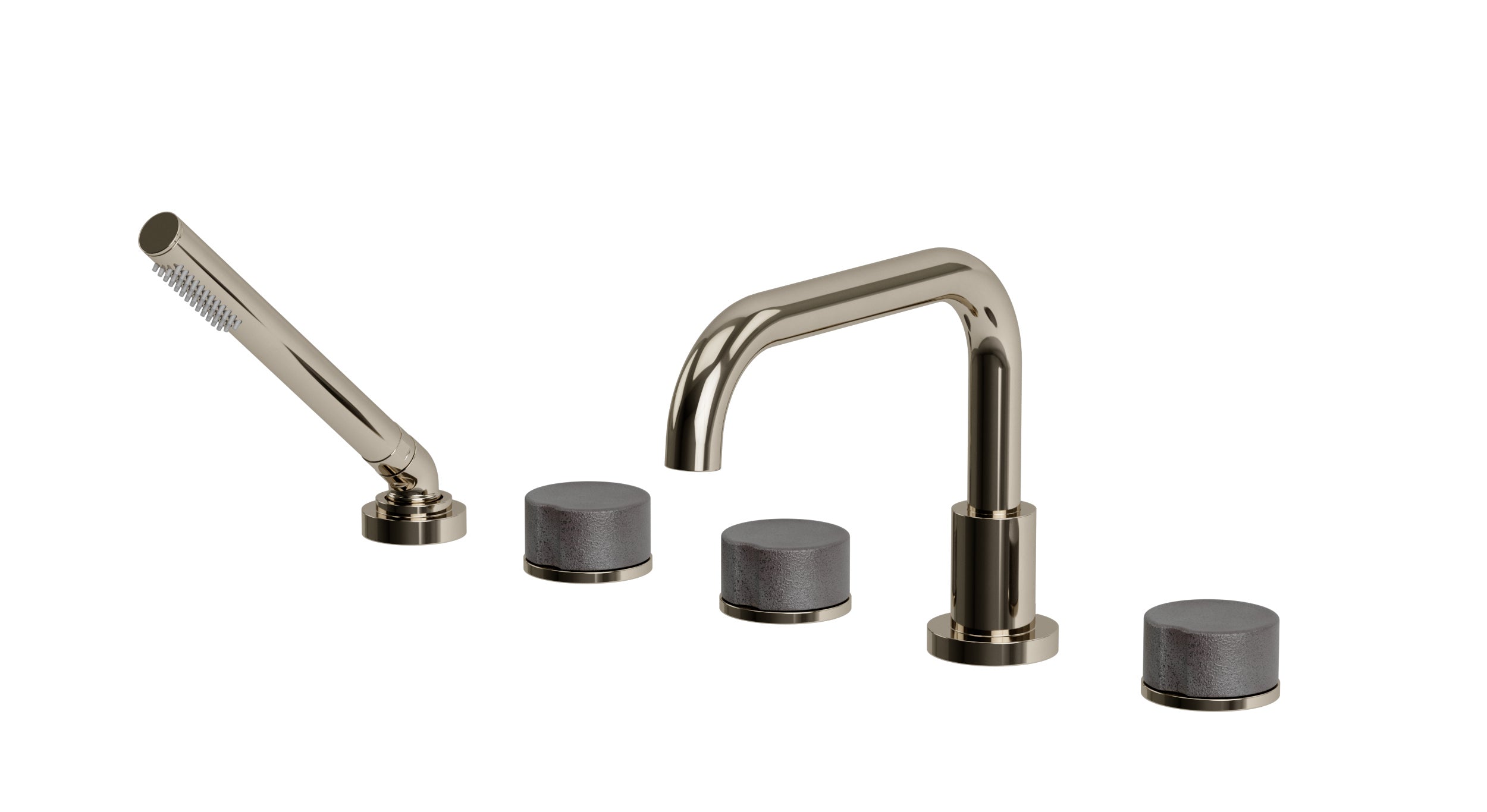 Foundry Three Handle Deck Mount Squaretop Bath Trim with Hand Shower and Groove Ceramic Knob Handles in Polished Nickel