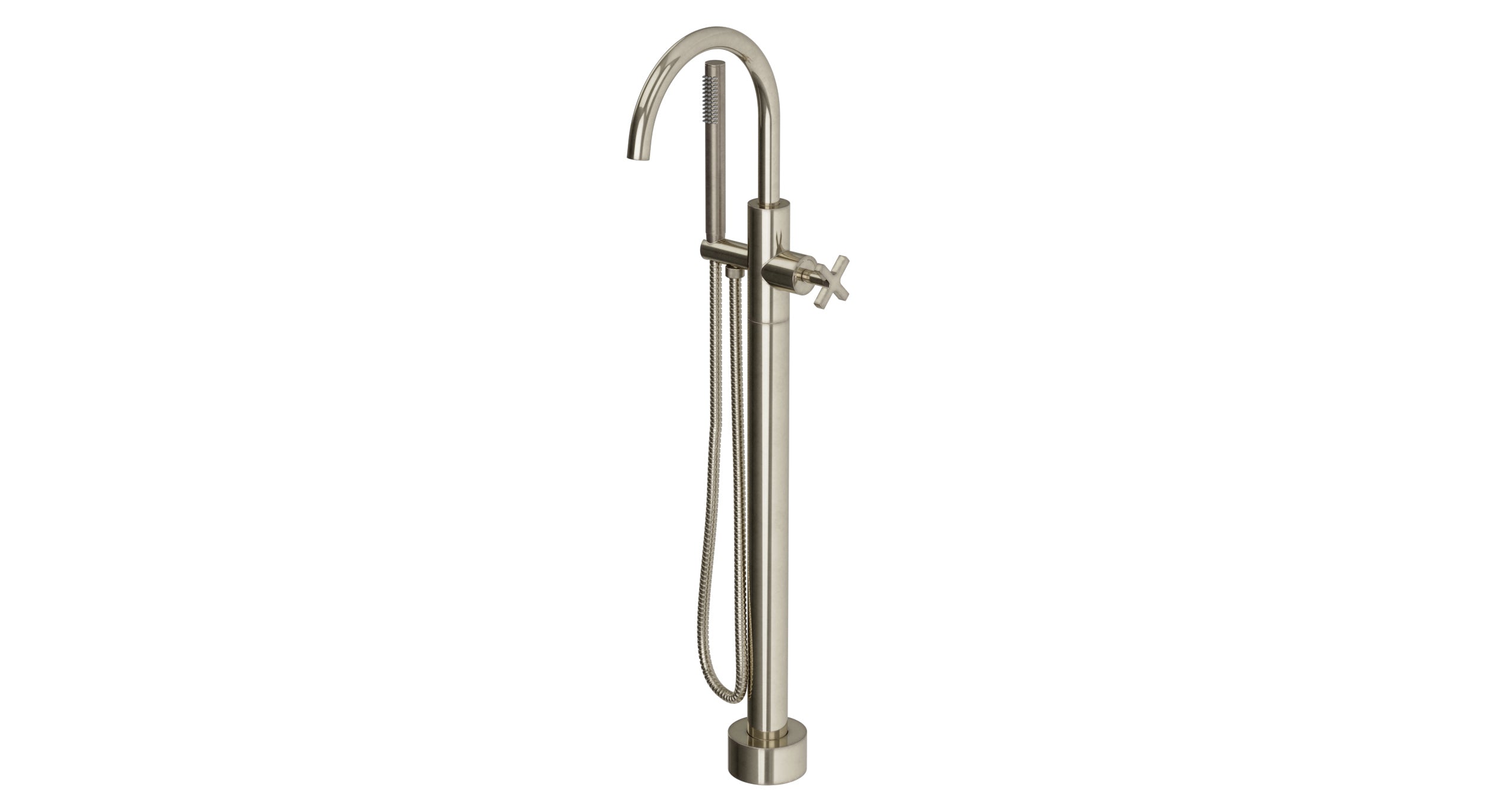 Flatiron One Handle Floor Mount Gooseneck Bath Trim with Hand Shower and Linear Cross Handle in French Nickel