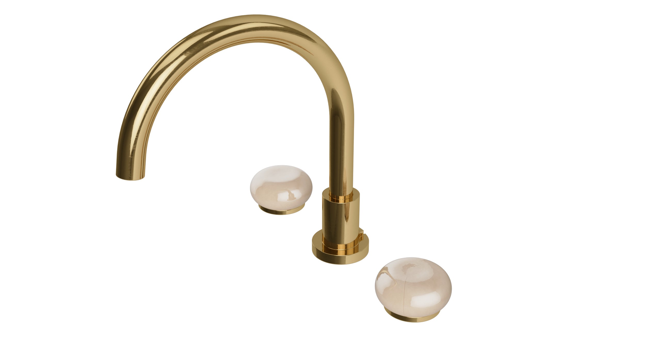 Foundry Two Handle Deck Mount Gooseneck Bath Trim with Pebble Ceramic Knob Handles in Uncoated Polished Brass