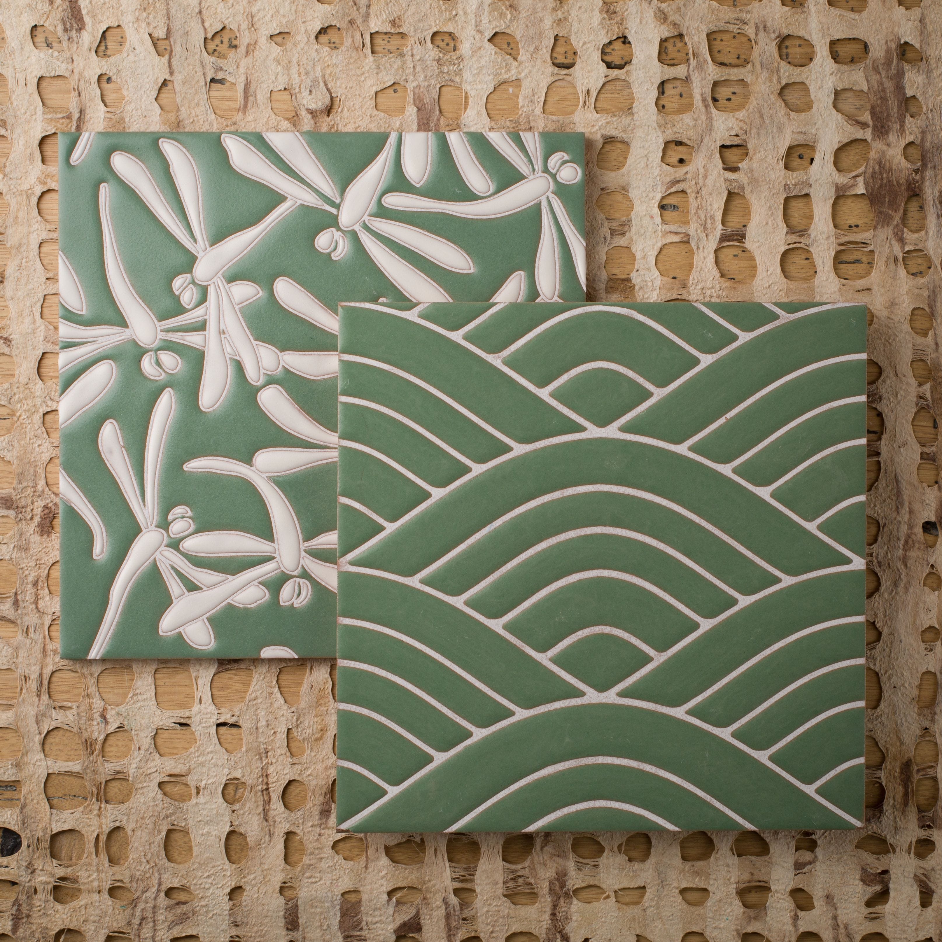 8x8 Handpainted Tile Dragonflies in Green Motif
