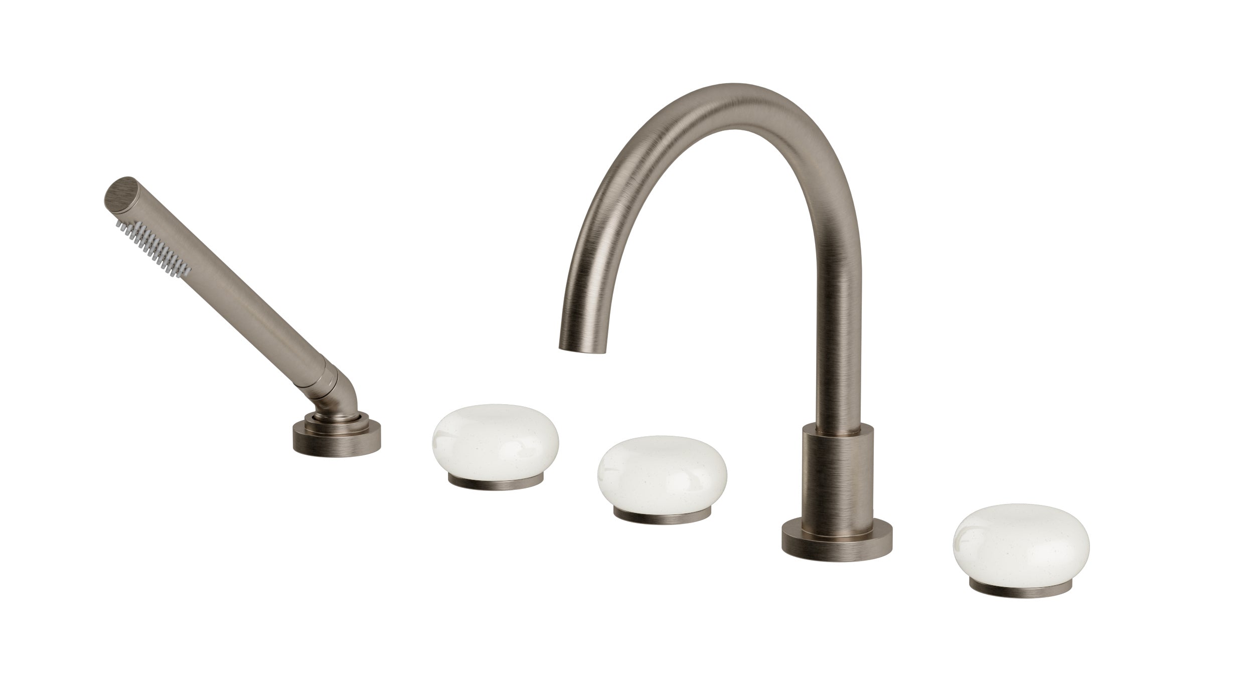 Foundry Three Handle Deck Mount Gooseneck Bath Trim with Hand Shower and Pebble Ceramic Knob Handles in Antique Nickel