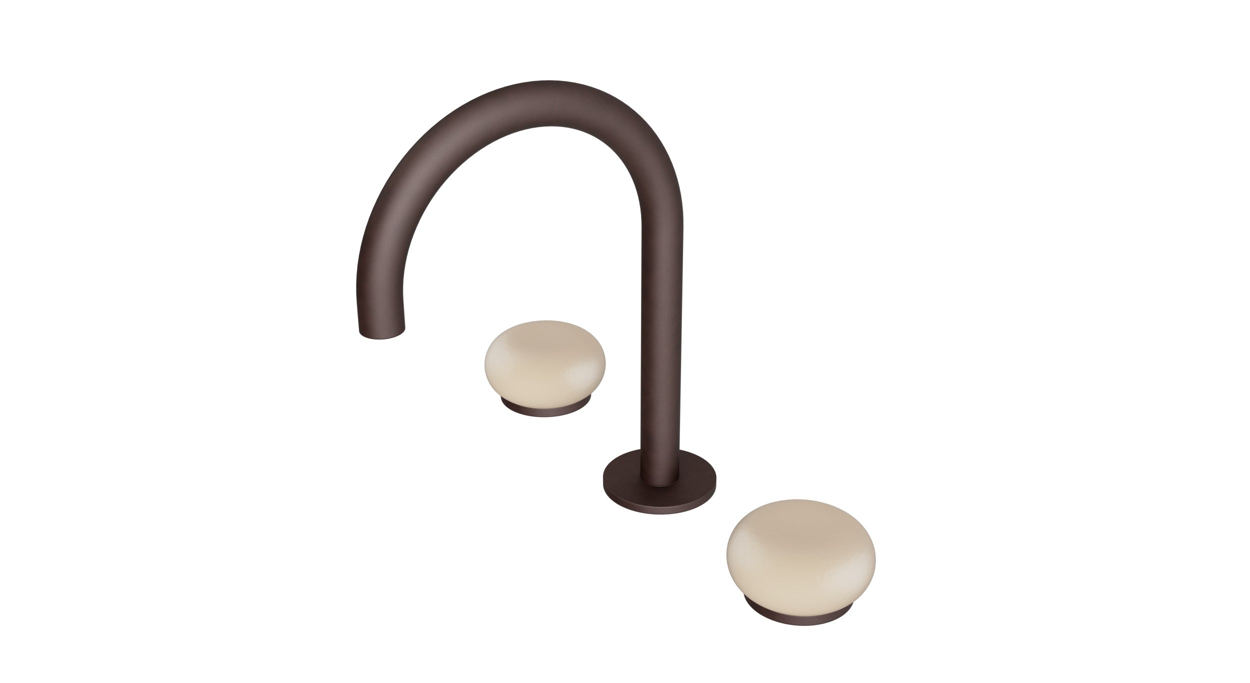 Foundry Two Handle Deck Mount Gooseneck Lavatory Faucet with Pebble Ceramic Knob Handles in Architectural Copper