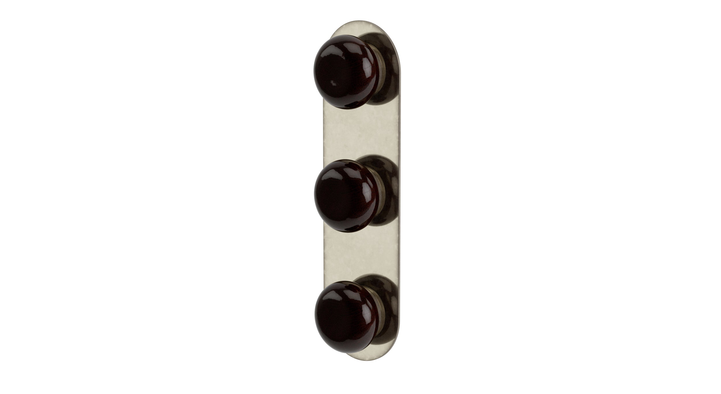 Foundry Three Handle Wall Mount Shower Trim with Pebble Ceramic Knob Handles in French Nickel