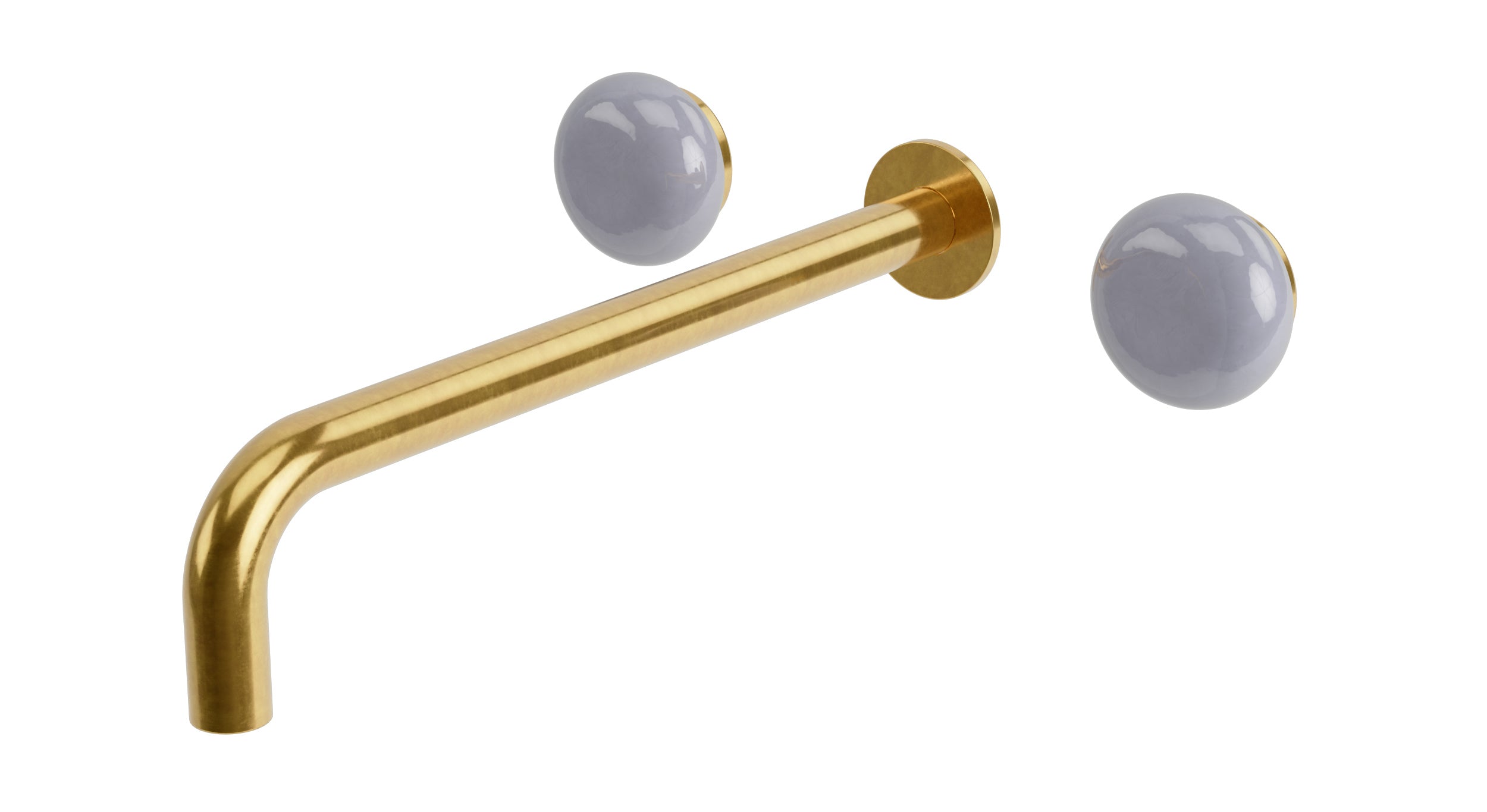 Foundry Two Handle Wall Mount 12" Lavatory Faucet with Pebble Ceramic Knob Handles in French Brass