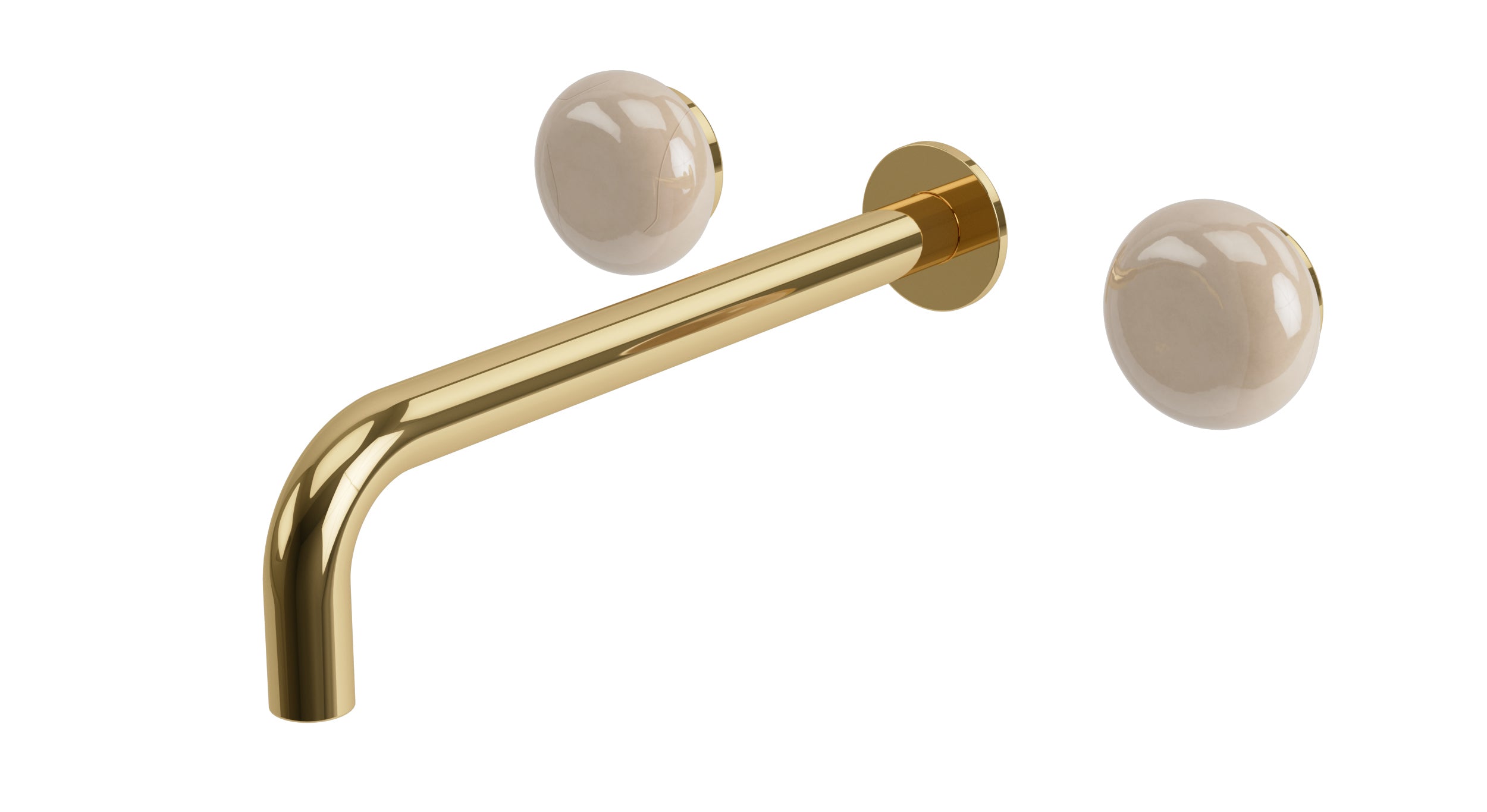 Foundry Two Handle Wall Mount 10" Lavatory Faucet with Pebble Ceramic Knob Handles in Polished Brass
