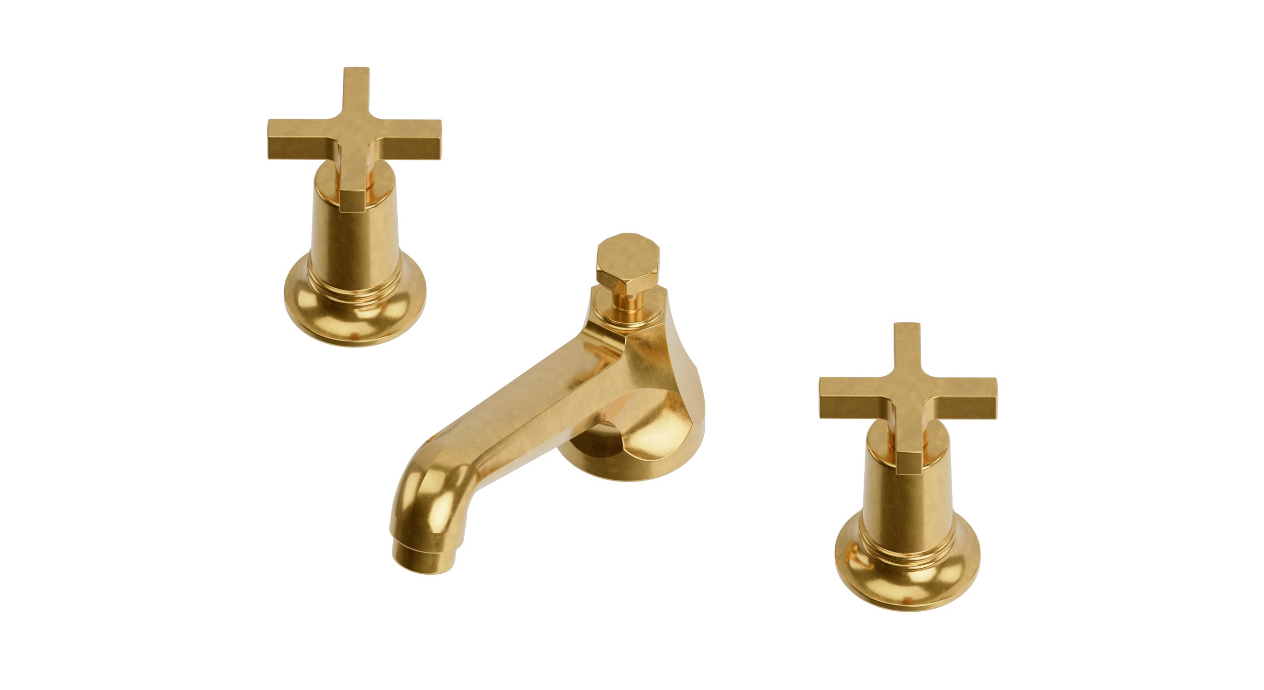 Emerson Two Handle Deck Mount Low Hexagon Lavatory Faucet with Classic Cross Handles in French Brass