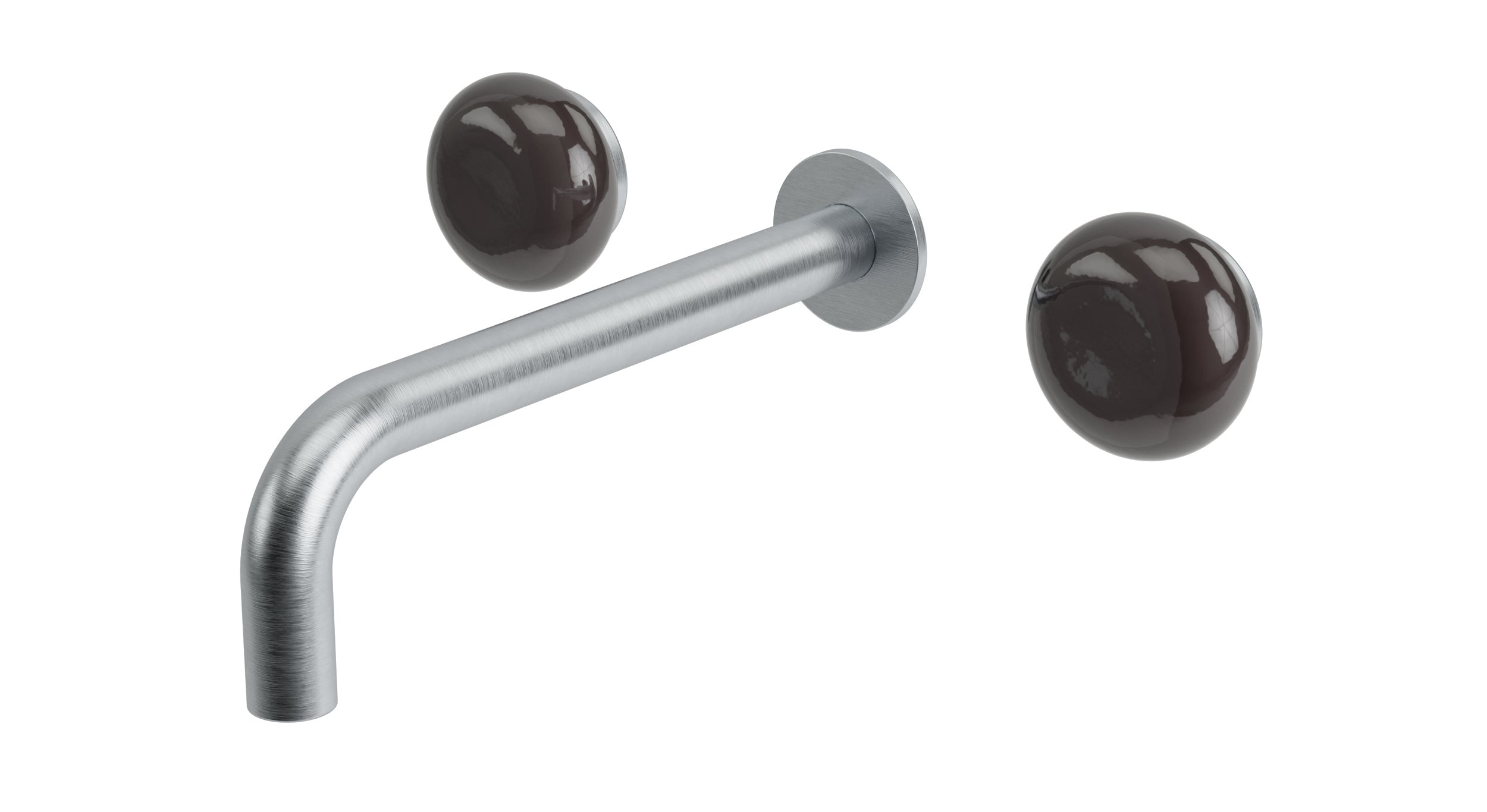 Foundry Two Handle Wall Mount 7.5" Lavatory Faucet with Pebble Ceramic Knob Handles in Satin Chrome