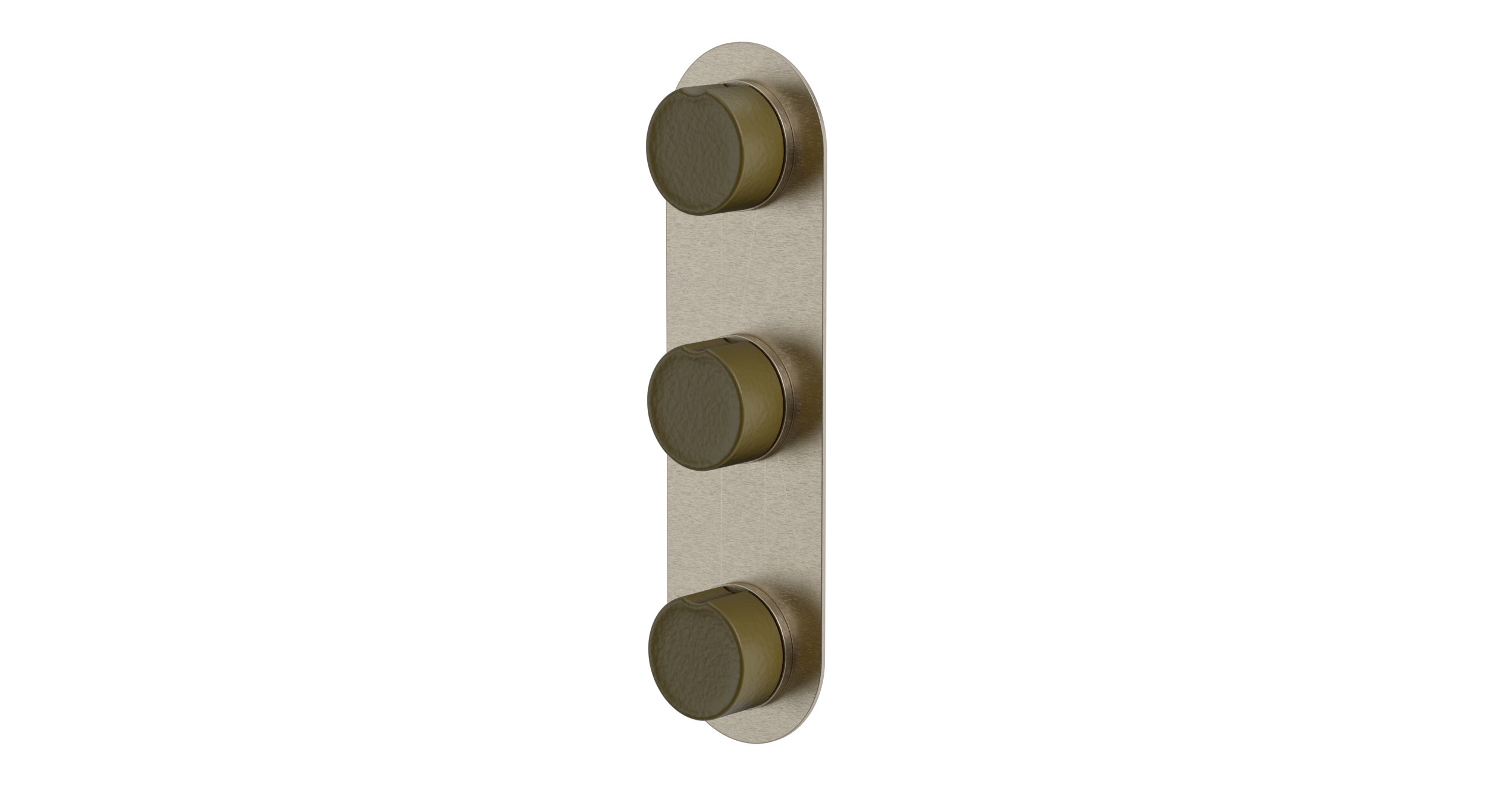 Foundry Three Handle Wall Mount Shower Trim with Groove Ceramic Knob Handles in Satin Nickel
