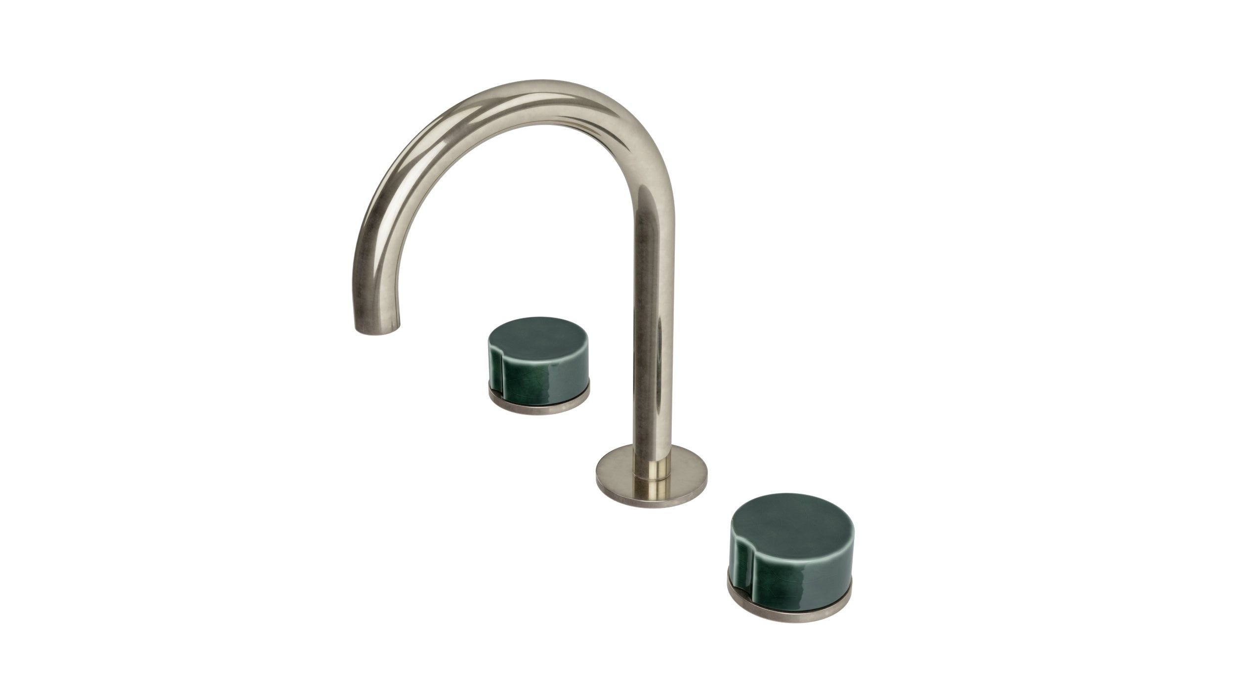Foundry Two Handle Deck Mount Gooseneck Lavatory Faucet with Groove Ceramic Knob Handles in French Nickel