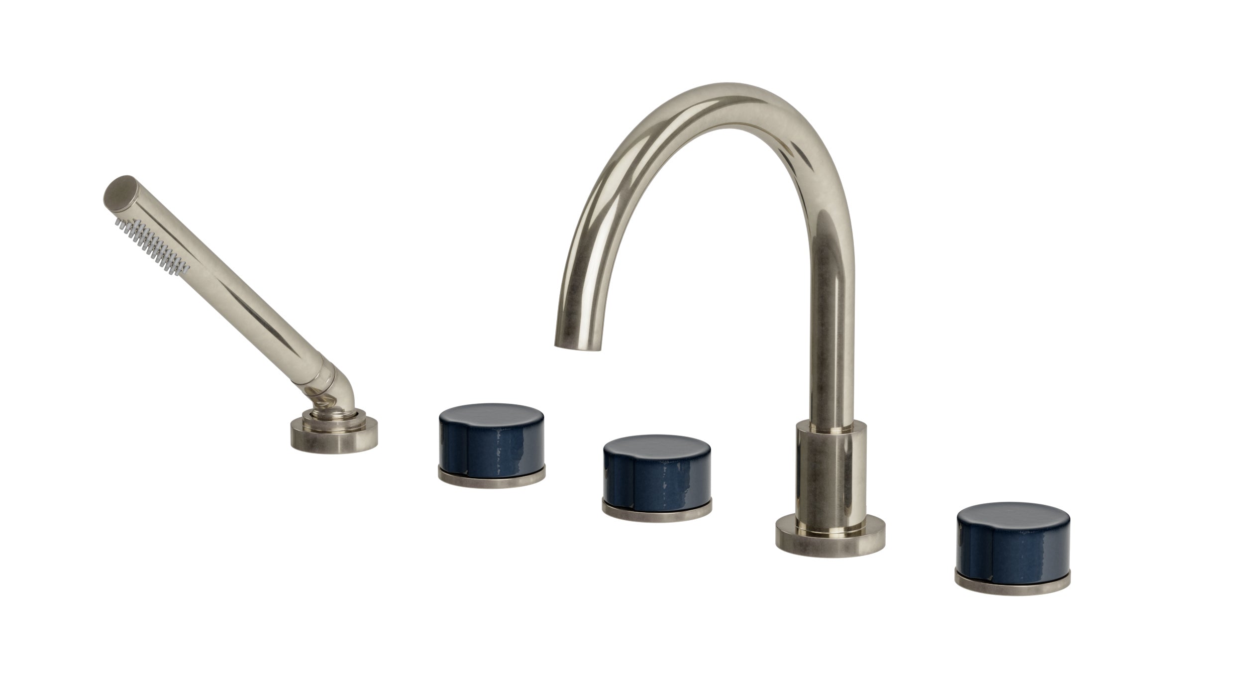 Foundry Three Handle Deck Mount Gooseneck Bath Trim with Hand Shower and Groove Ceramic Knob Handles in French Nickel