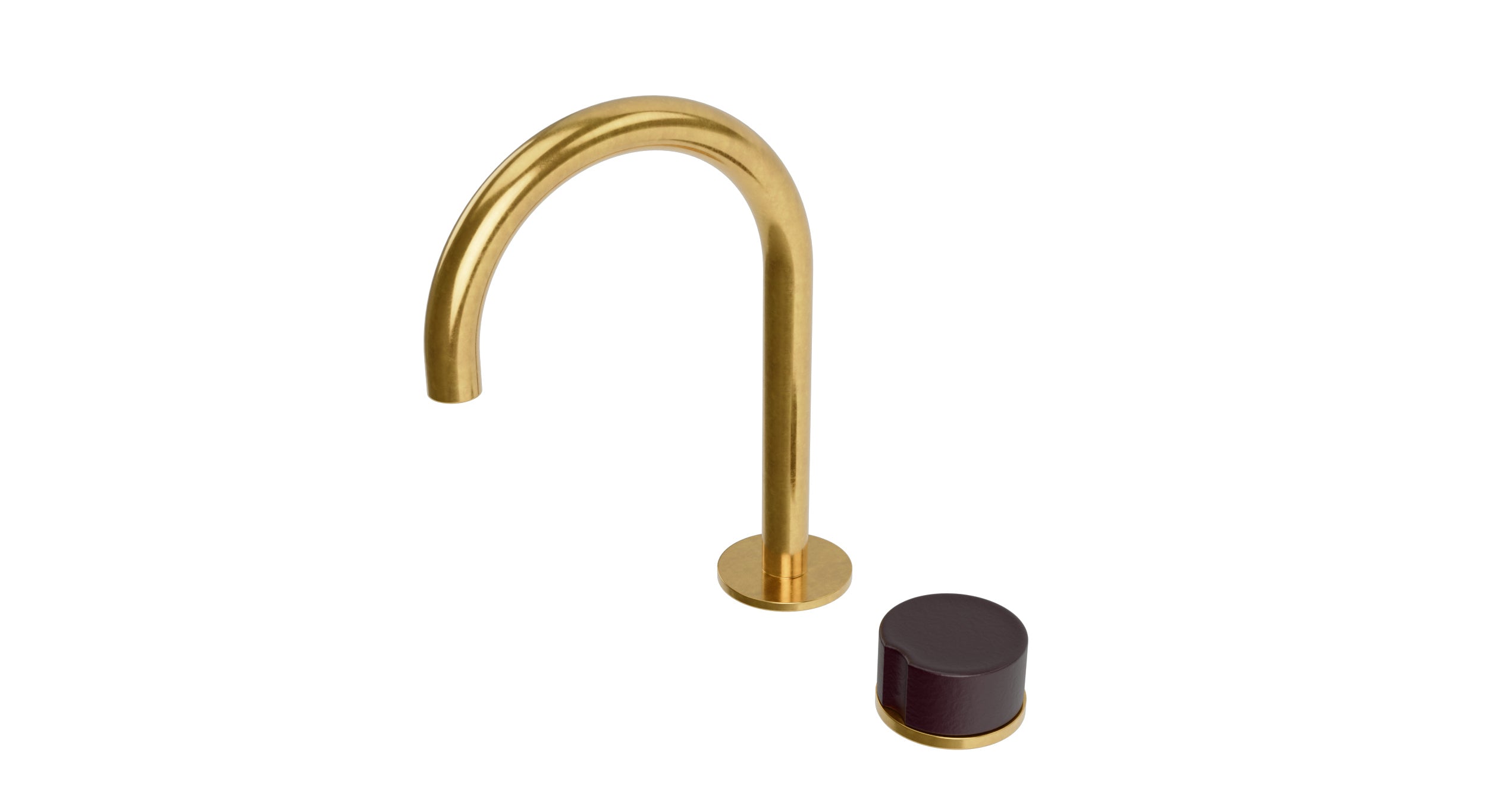 Foundry One Handle Deck Mount Gooseneck Lavatory Faucet with Groove Ceramic Knob Handle in French Brass
