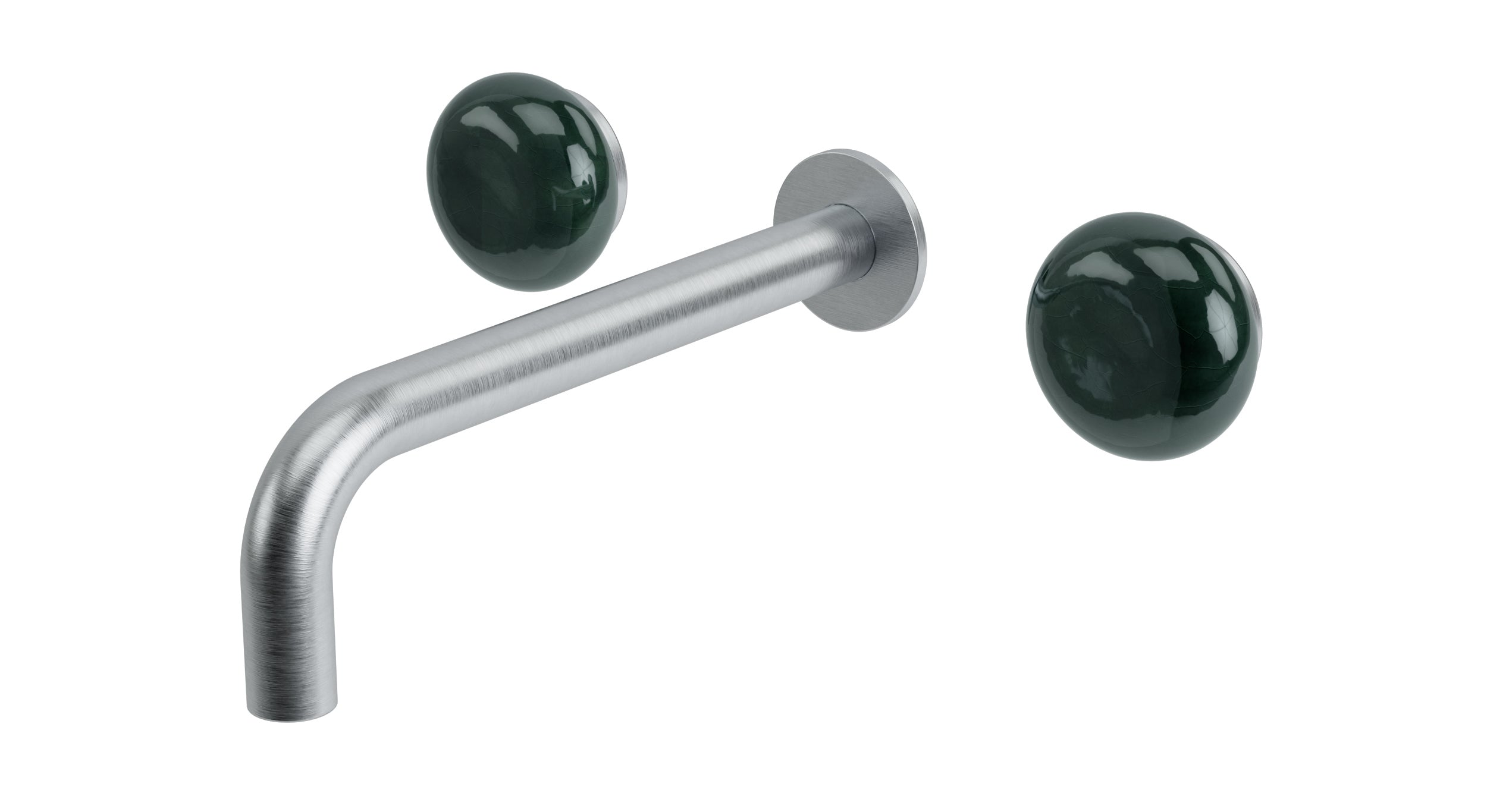 Foundry Two Handle Wall Mount 7.5" Lavatory Faucet with Pebble Ceramic Knob Handles in Satin Chrome