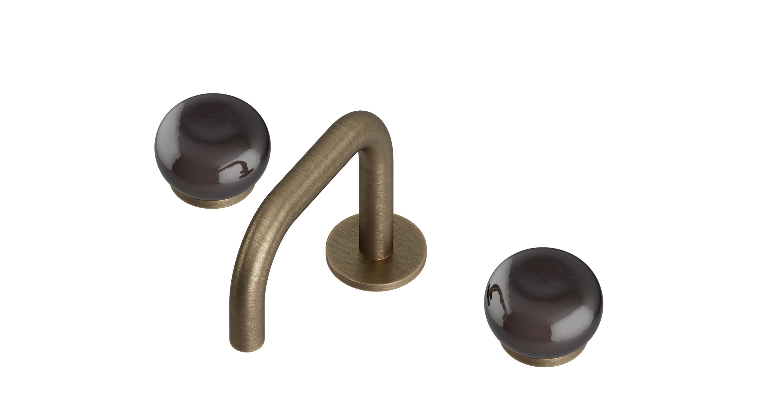 Foundry Two Handle Deck Mount Squaretop Lavatory Faucet with Pebble Ceramic Knob Handles in Antique Brass