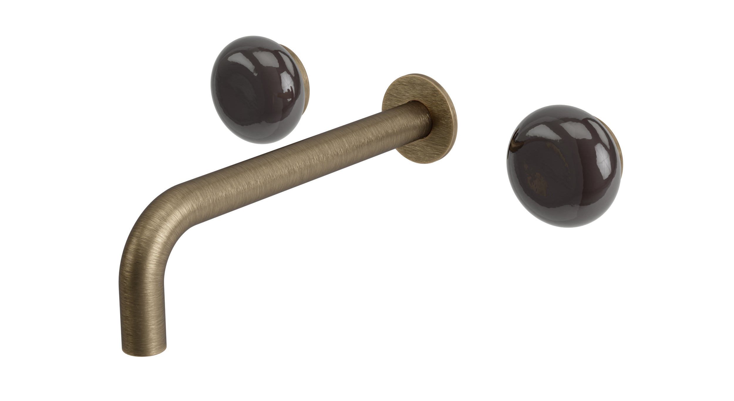 Foundry Two Handle Wall Mount 7.5" Lavatory Faucet with Pebble Ceramic Knob Handles in Antique Brass