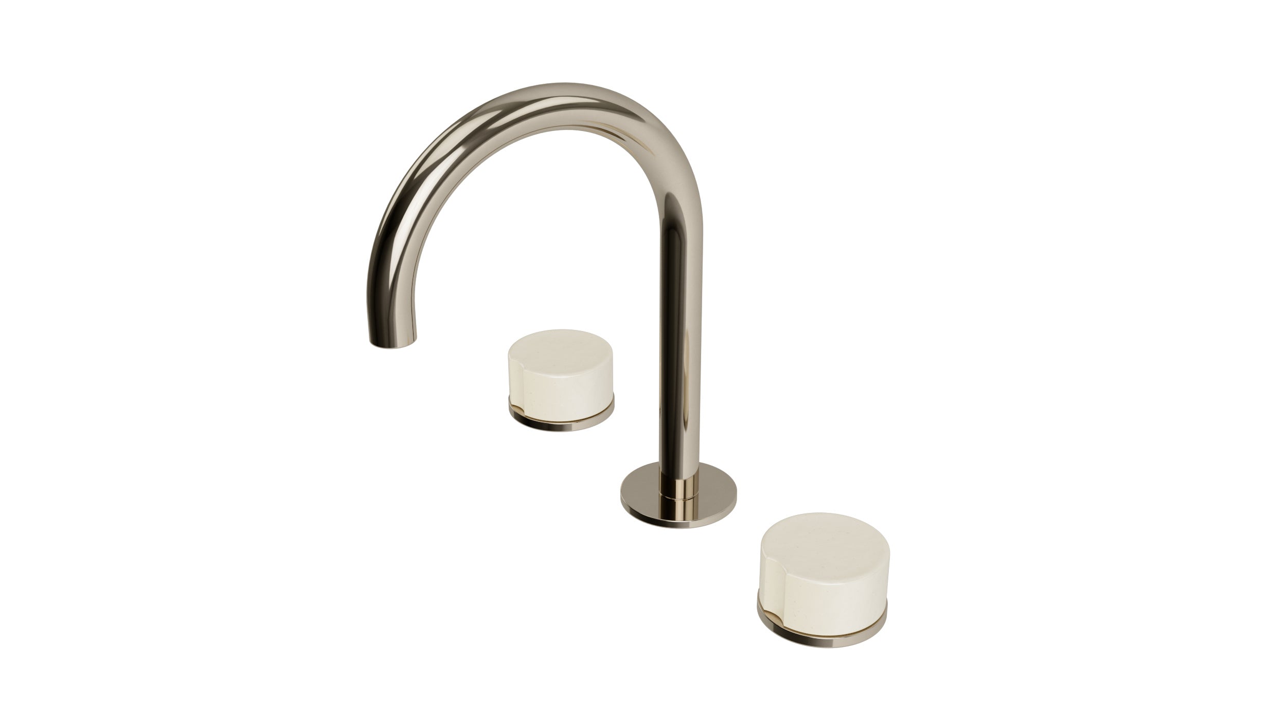 Foundry Two Handle Deck Mount Gooseneck Lavatory Faucet with Groove Ceramic Knob Handles in Polished Nickel