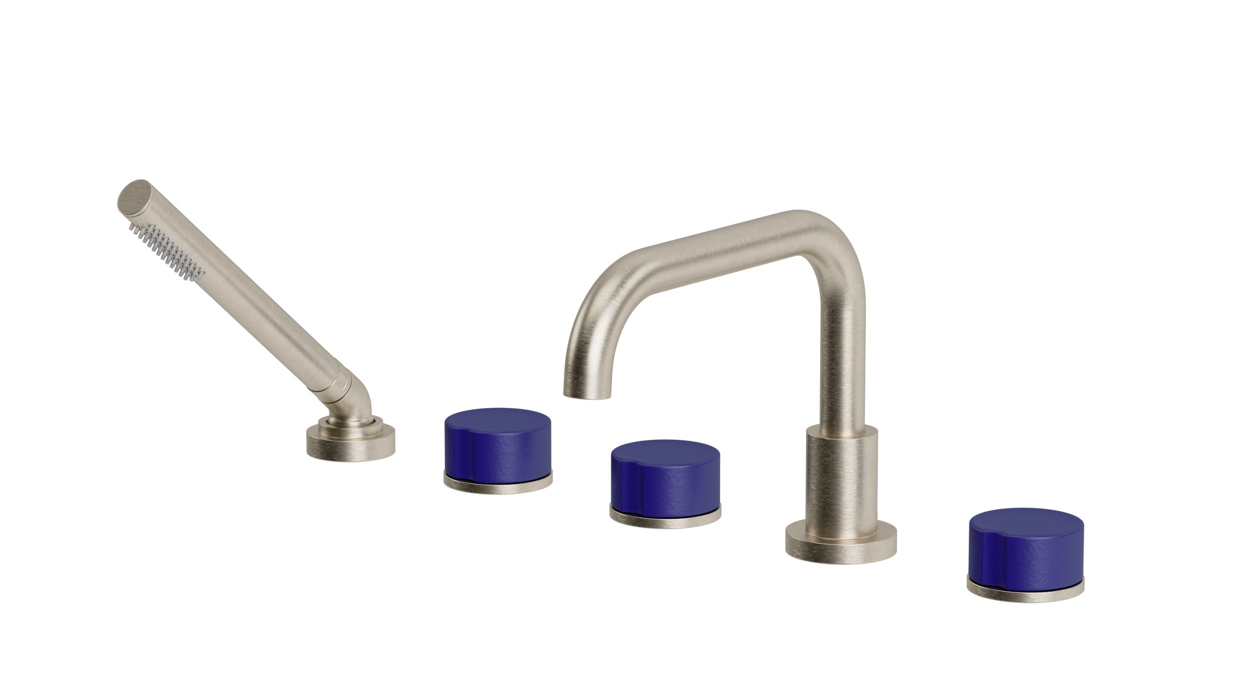 Foundry Three Handle Deck Mount Squaretop Bath Trim with Hand Shower and Groove Ceramic Knob Handles in Satin Nickel