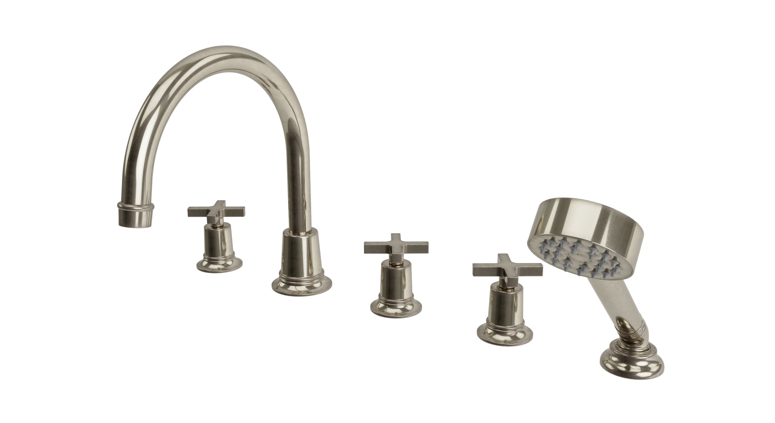 Emerson Three Handle Deck Mount Gooseneck Bath Trim with Hand Shower and Classic Cross Handles in French Nickel