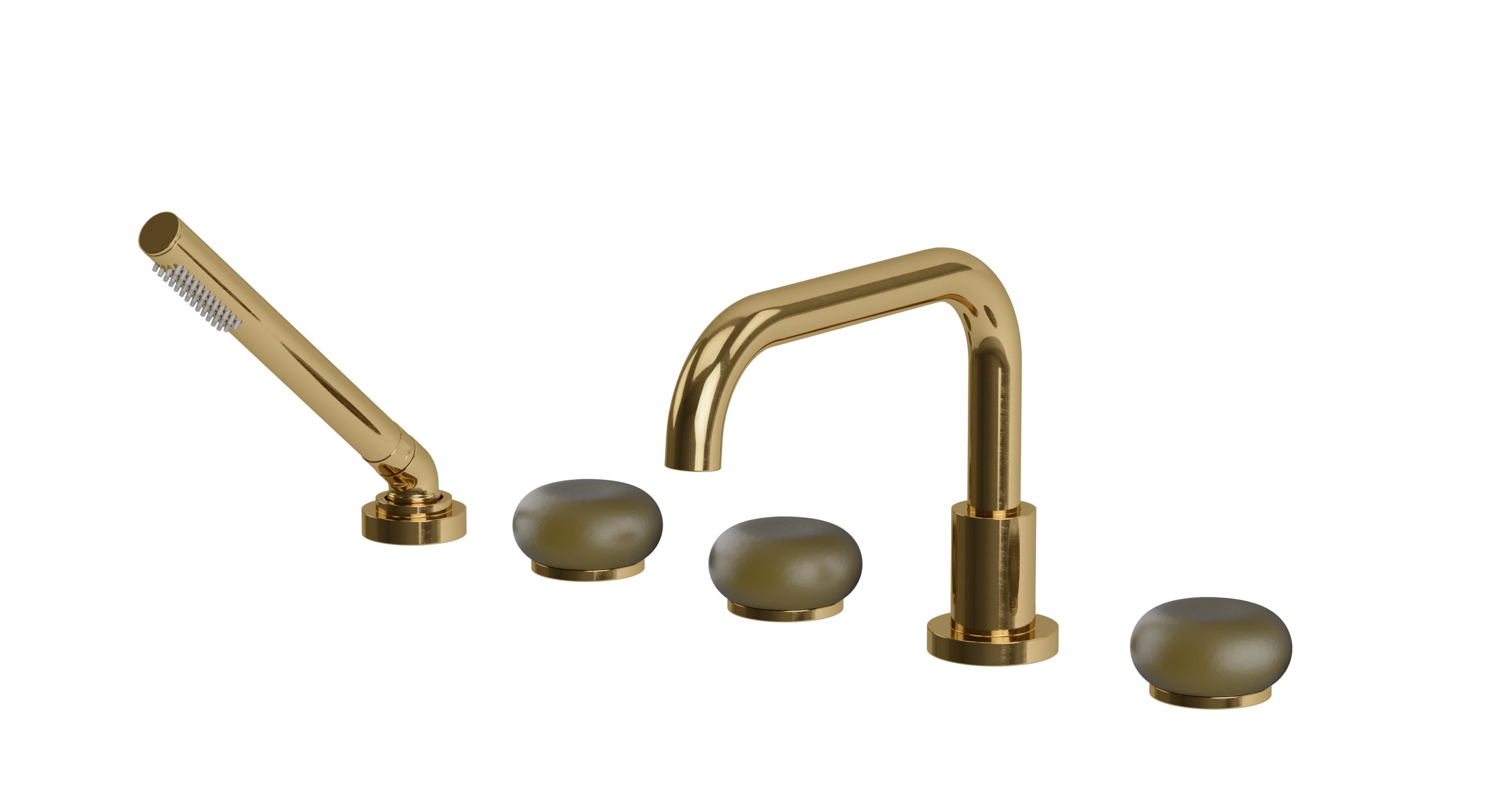 Foundry Three Handle Deck Mount Squaretop Bath Trim with Hand Shower and Pebble Ceramic Knob Handles in Uncoated Polished Brass