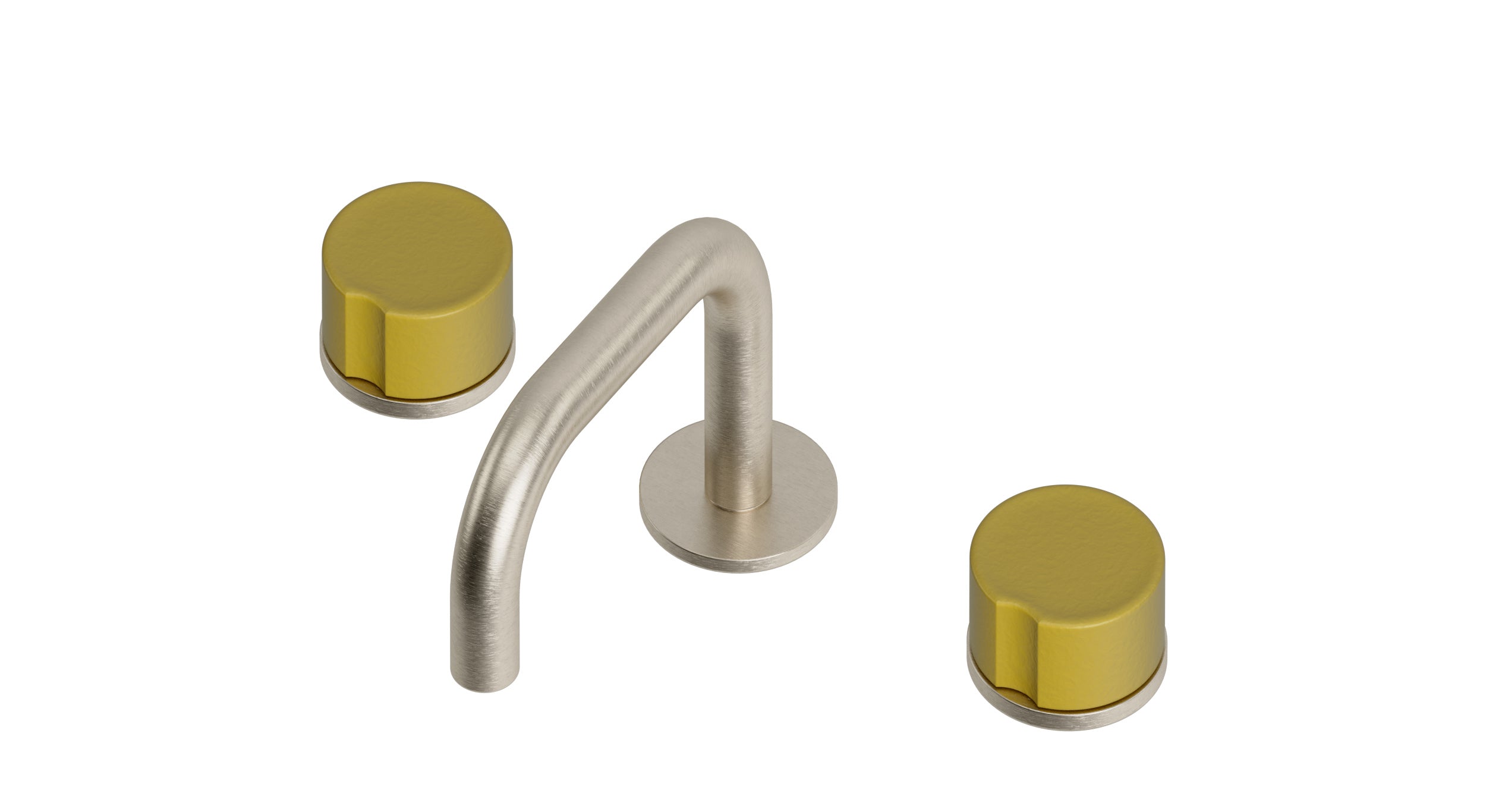 Foundry Two Handle Deck Mount Squaretop Lavatory Faucet with Groove Ceramic Knob Handles in Satin Nickel