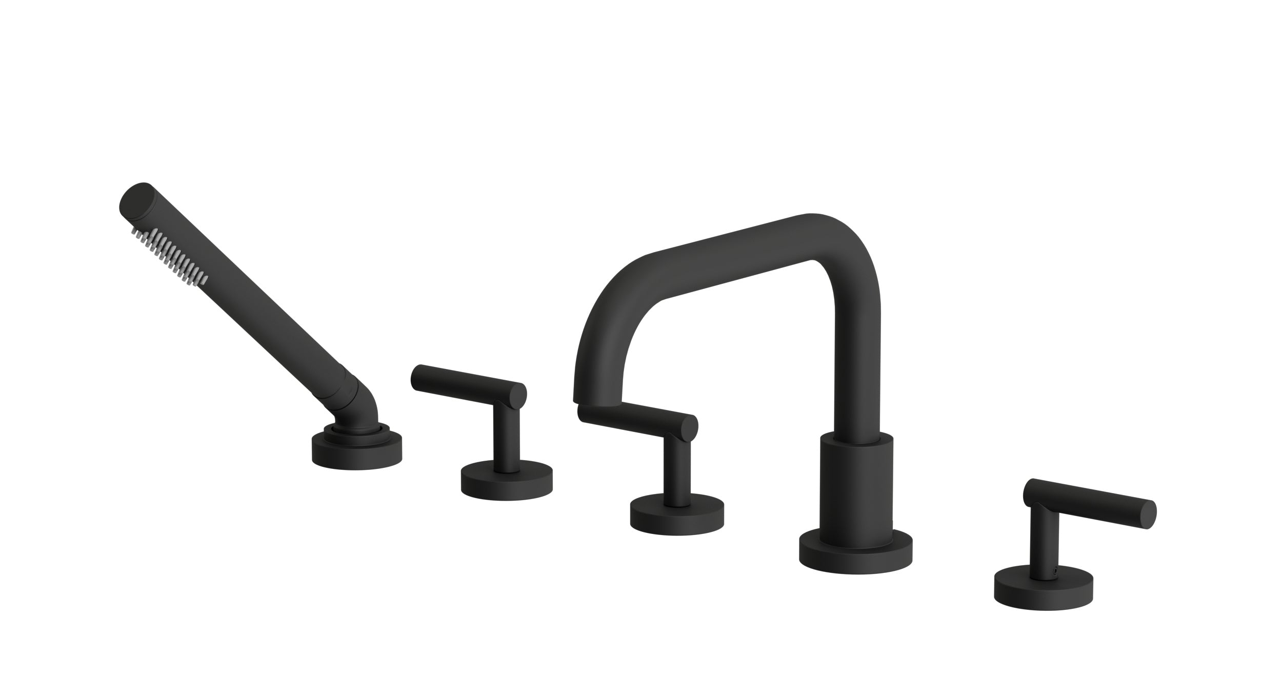 Contour Three Handle Deck Mount Squaretop Bath Trim with Hand Shower and Soft Lever Handles in Matte Black