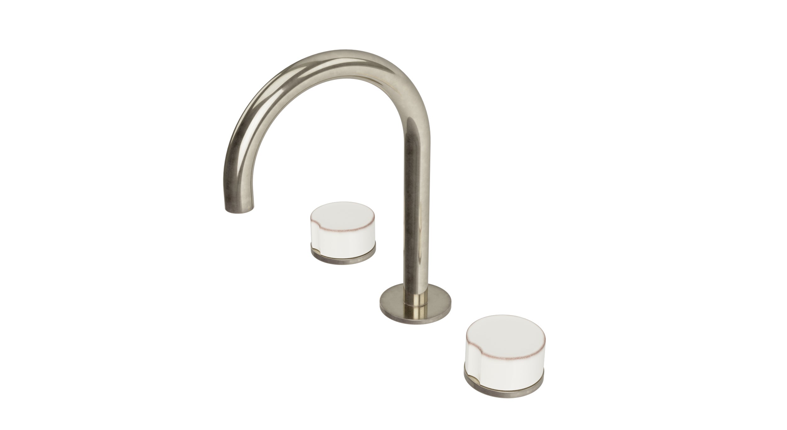 Foundry Two Handle Deck Mount Gooseneck Lavatory Faucet with Groove Ceramic Knob Handles in French Nickel