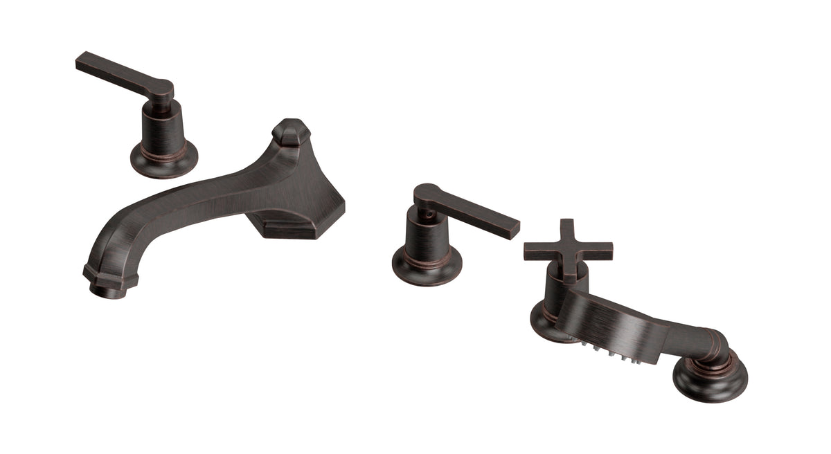 Emerson Three Handle Deck Mount Low Hexagon Bath Trim with Hand Shower