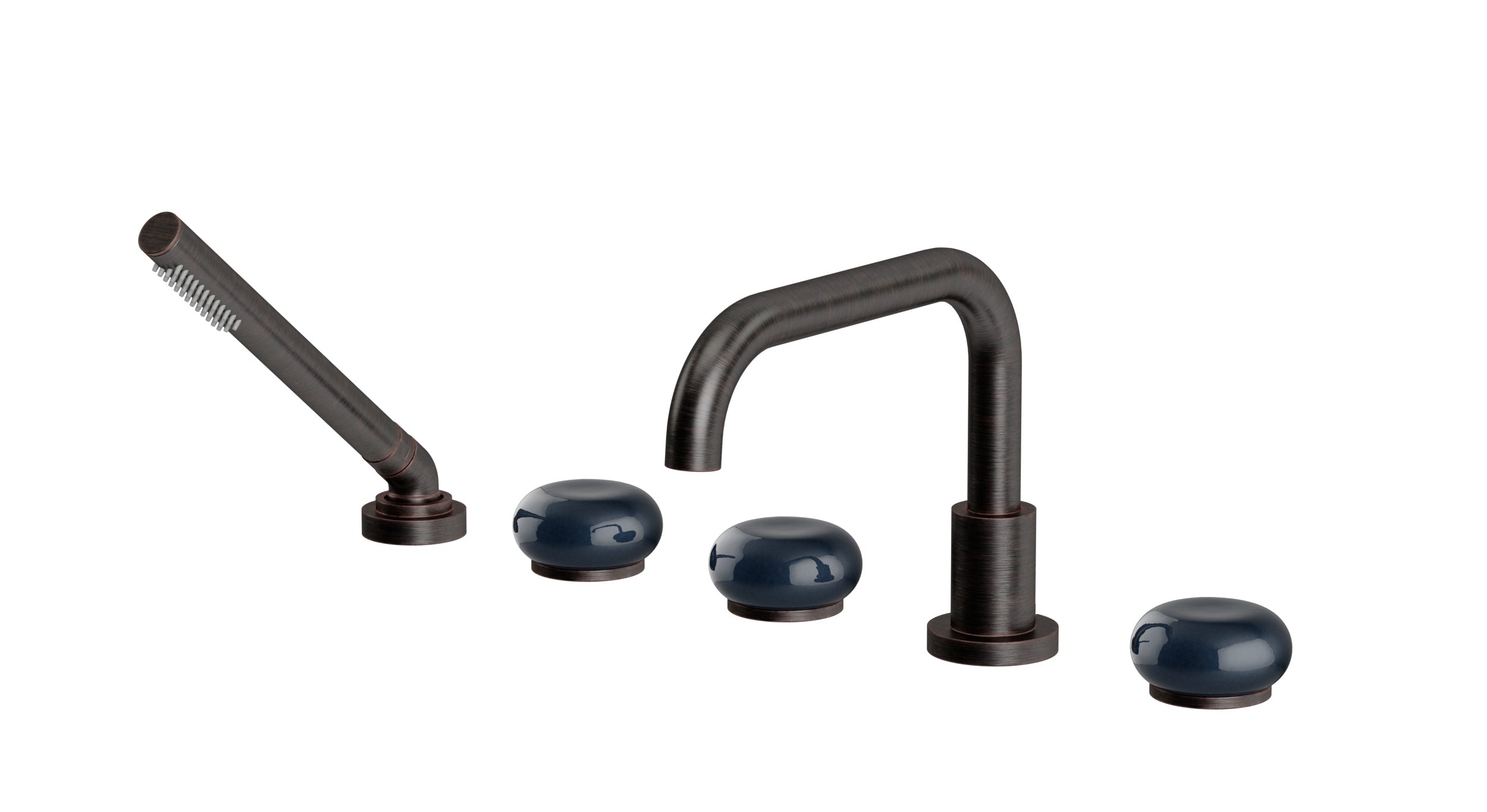 Foundry Three Handle Deck Mount Squaretop Bath Trim with Hand Shower and Pebble Ceramic Knob Handles in Antique Bronze