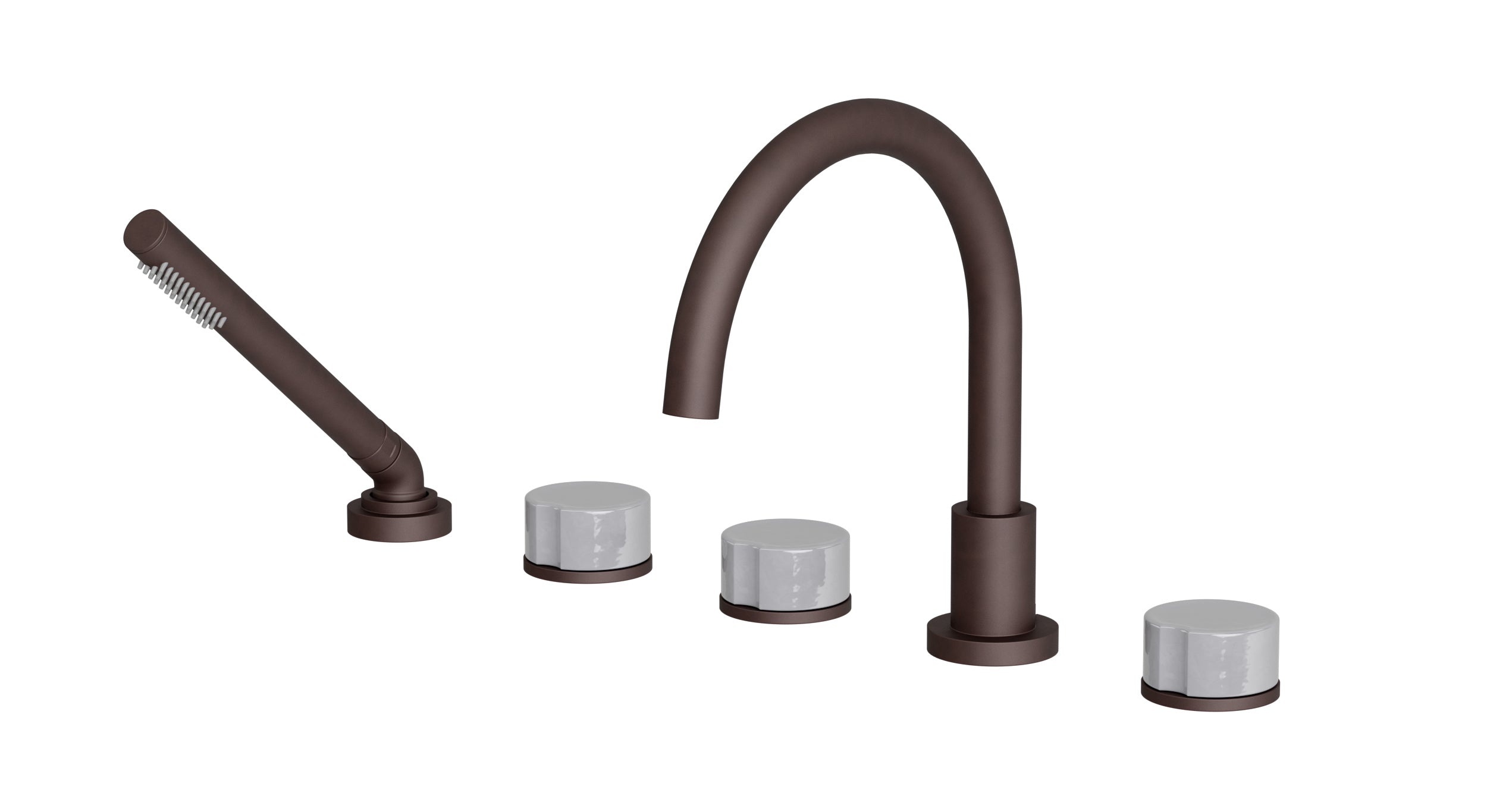 Foundry Three Handle Deck Mount Gooseneck Bath Trim with Hand Shower and Groove Ceramic Knob Handles in Architectural Copper