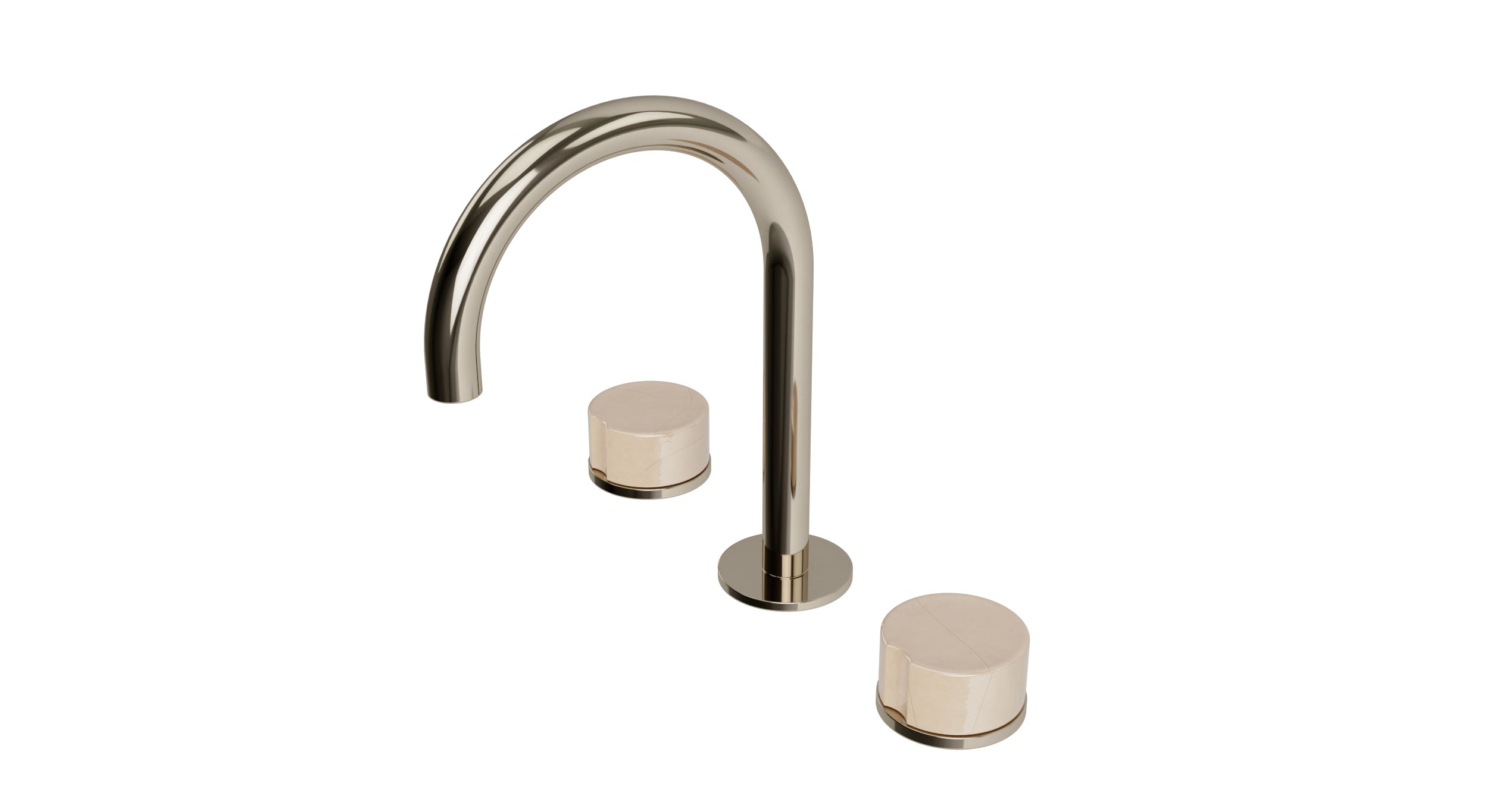 Foundry Two Handle Deck Mount Gooseneck Lavatory Faucet with Groove Ceramic Knob Handles in Polished Nickel