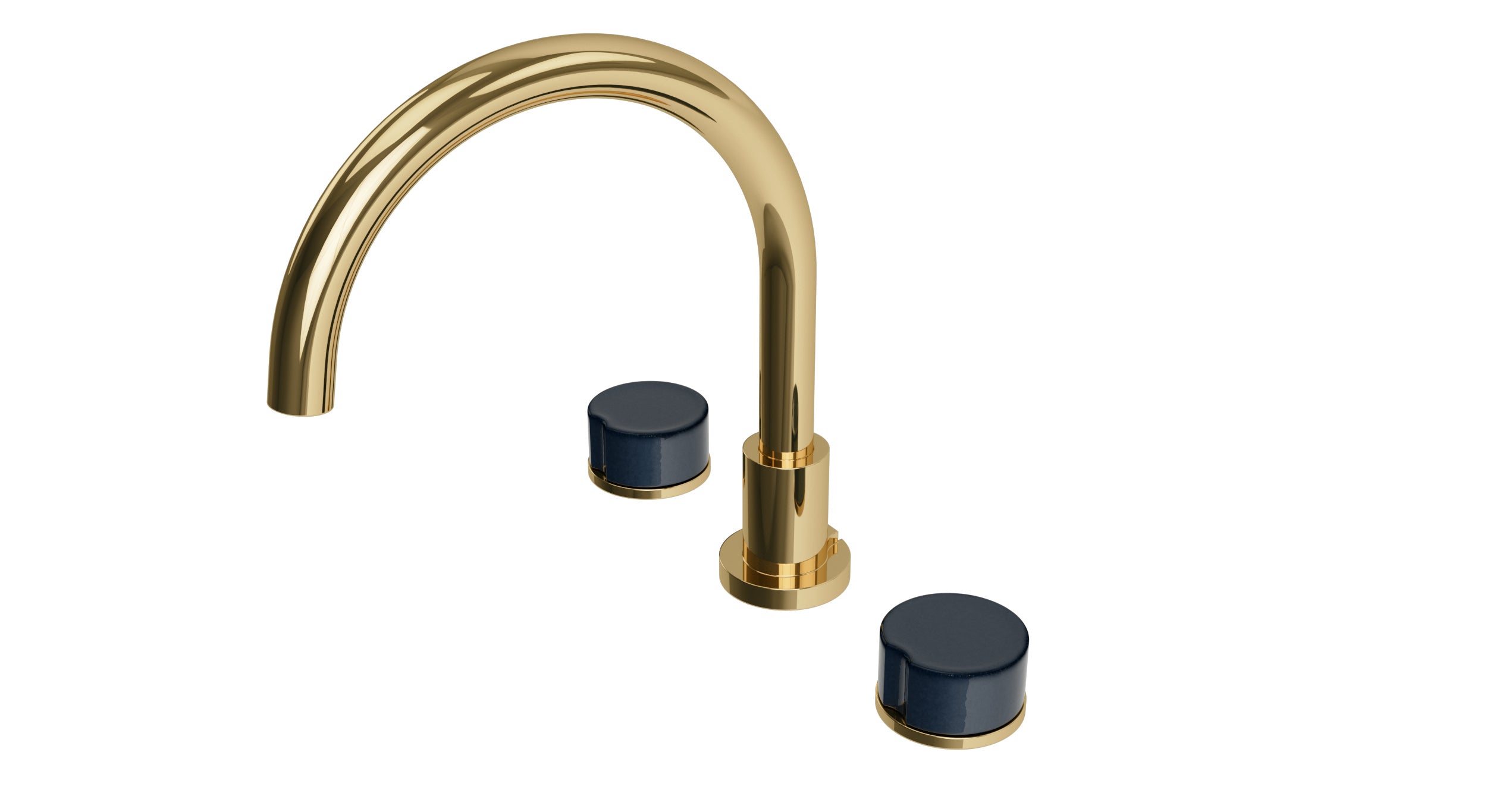 Foundry Two Handle Deck Mount Gooseneck Bath Trim with Groove Ceramic Knob Handles in Polished Brass
